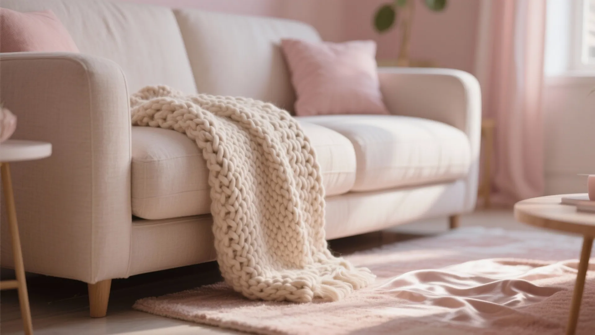 White sofa with a chunky knit blanket pink pillows and a soft rug in sunlight