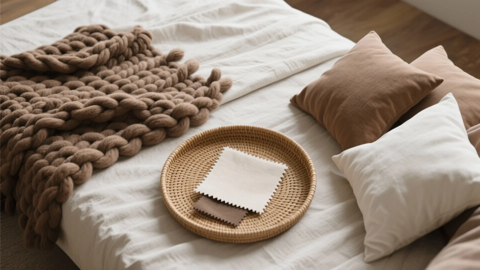 Bed with white sheets brown chunky knit blanket brown pillows and woven tray holding fabric pieces
