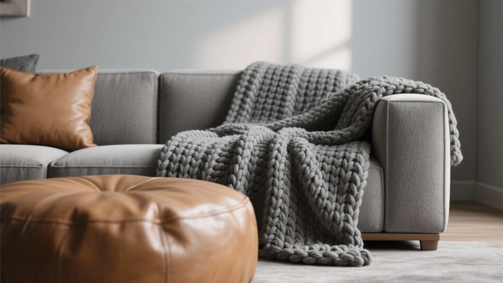 Textural detail of grey throw and tan leather ottoman