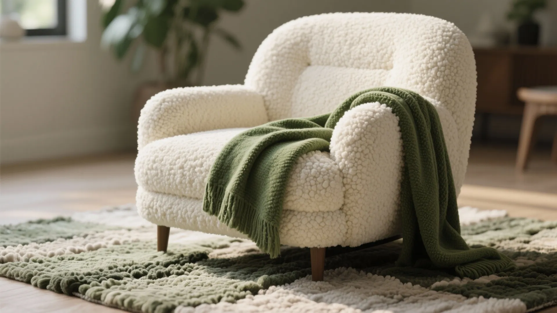 Boucle armchair with moss green throw and textured rug