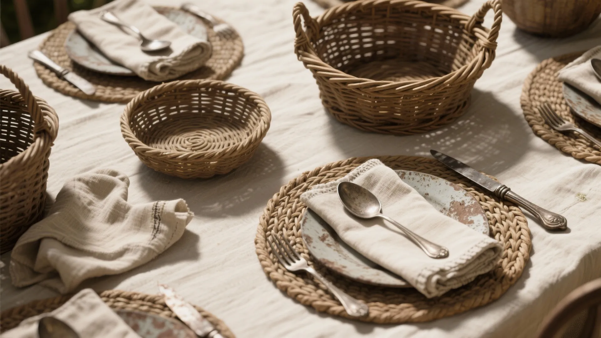 Dining table setting with woven mats small baskets linen napkins and silver spoons in soft light