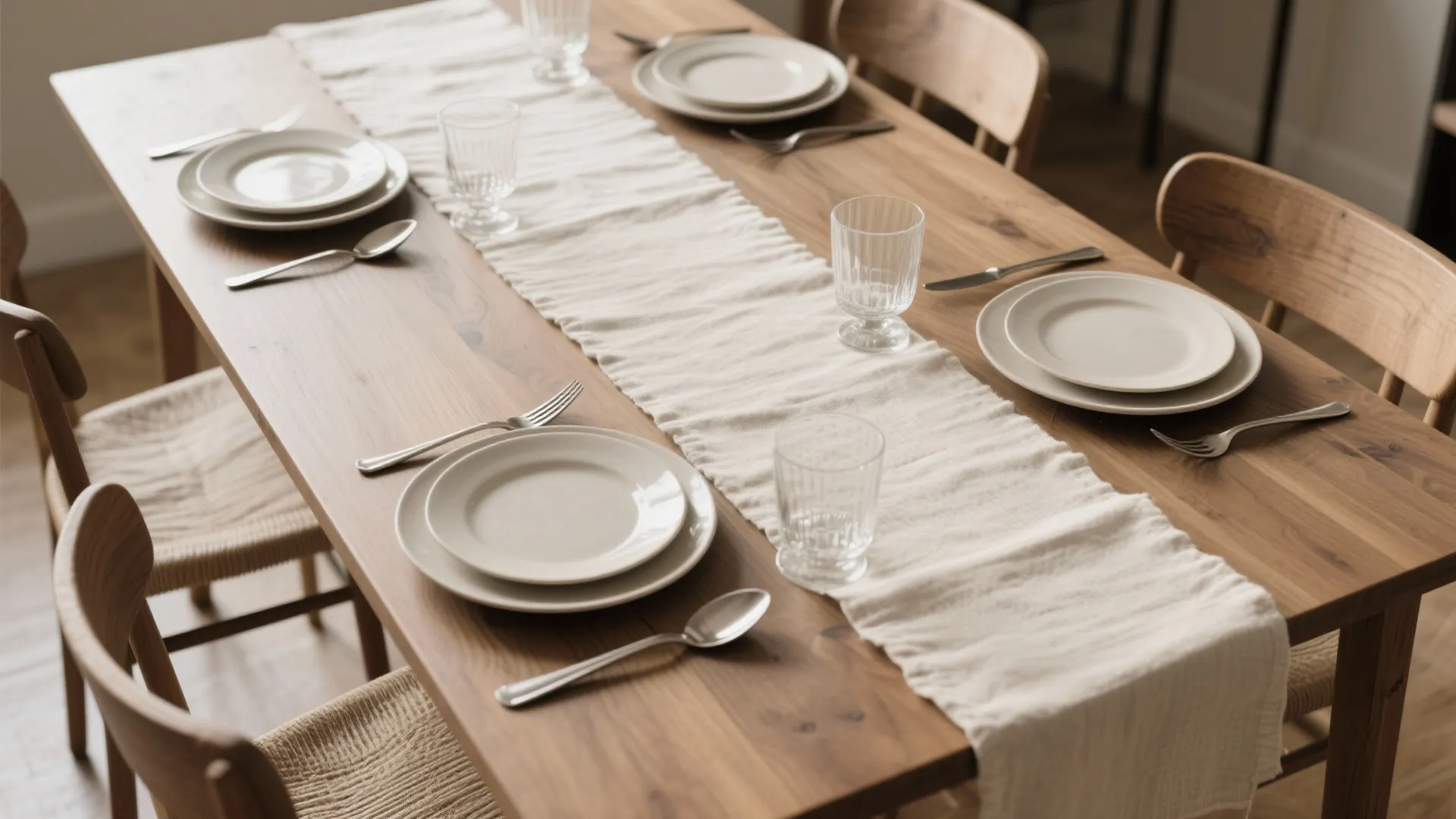 Flat lay of dining table settings with linen, wood, and glass textures