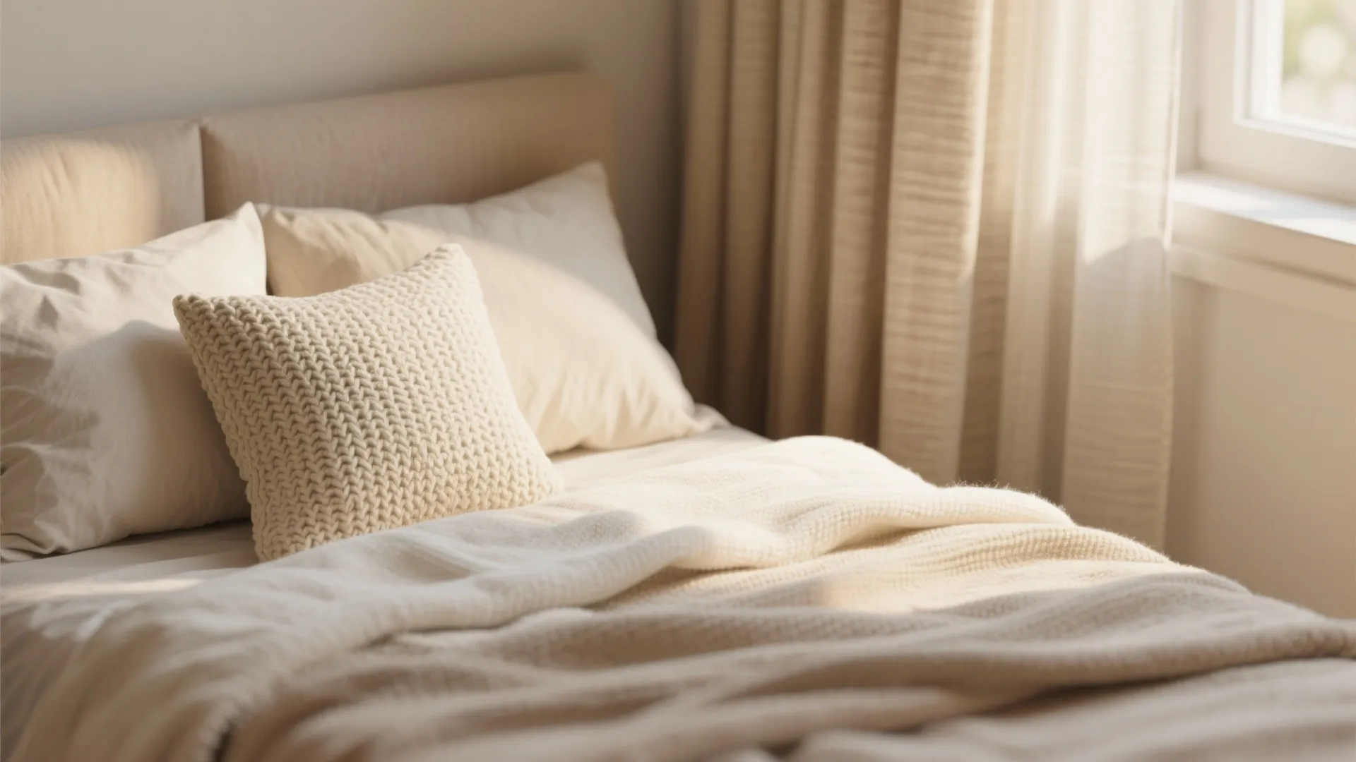 Close up of a beige bed with knit pillows and blanket near a bright window