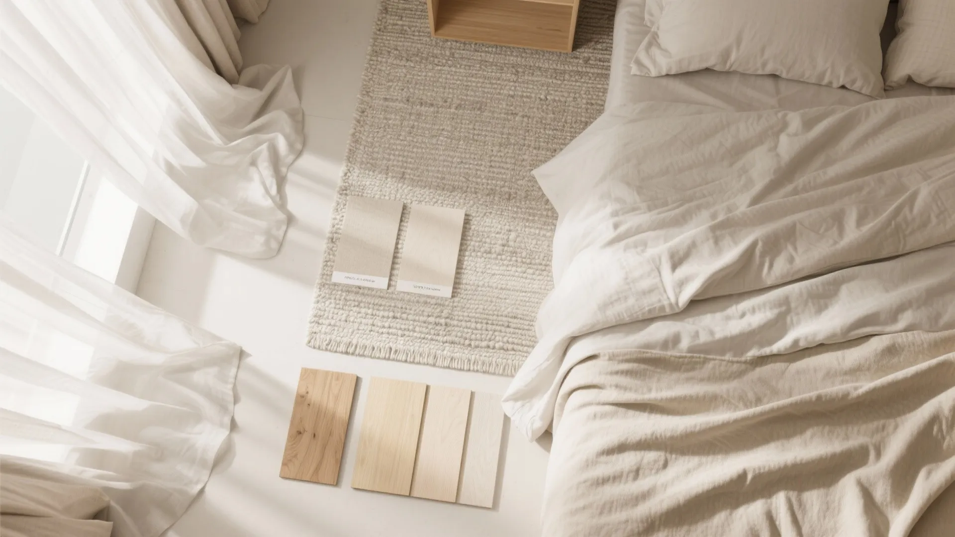 Cozy bedroom interior with white bedding soft rug wooden flooring samples and natural window light