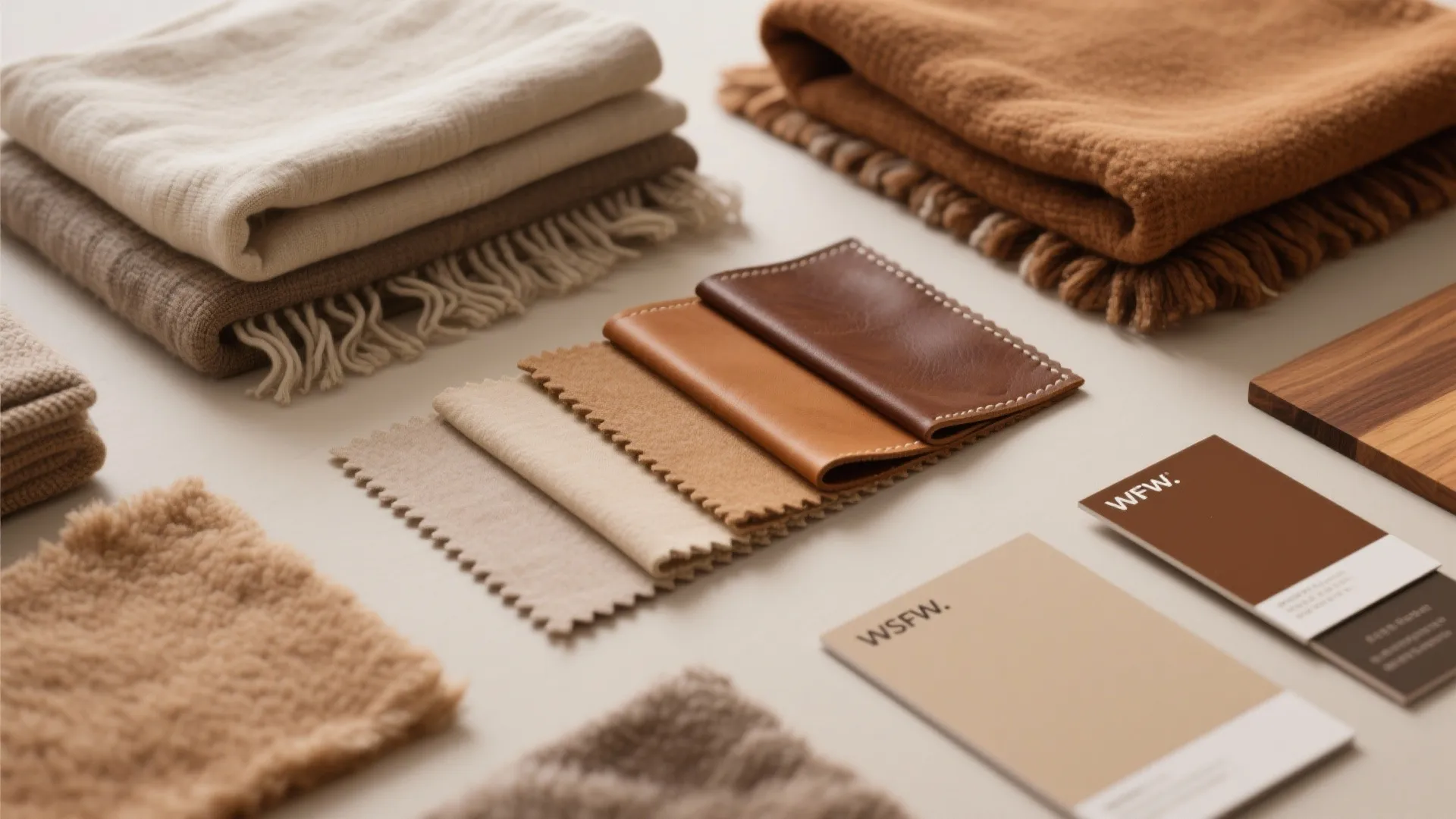 Assorted fabric samples leather pieces and color cards for interior design displayed on a white surface