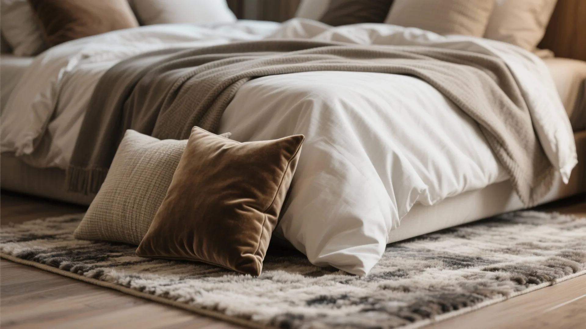 Close up of soft bed with white sheets beige blanket velvet pillows and textured rug