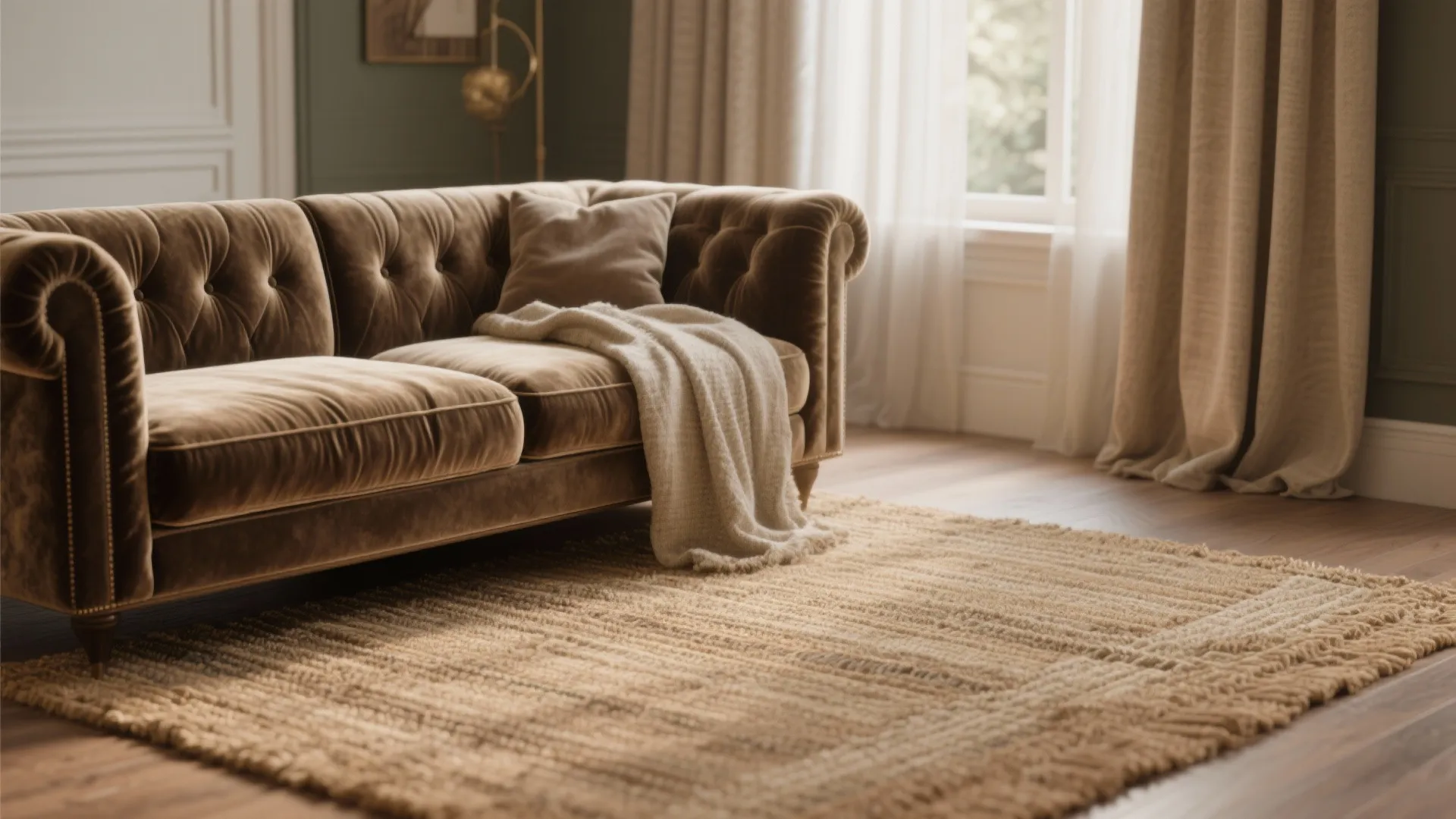 Brown velvet sofa with cream blanket placed on a textured rug near soft beige curtains