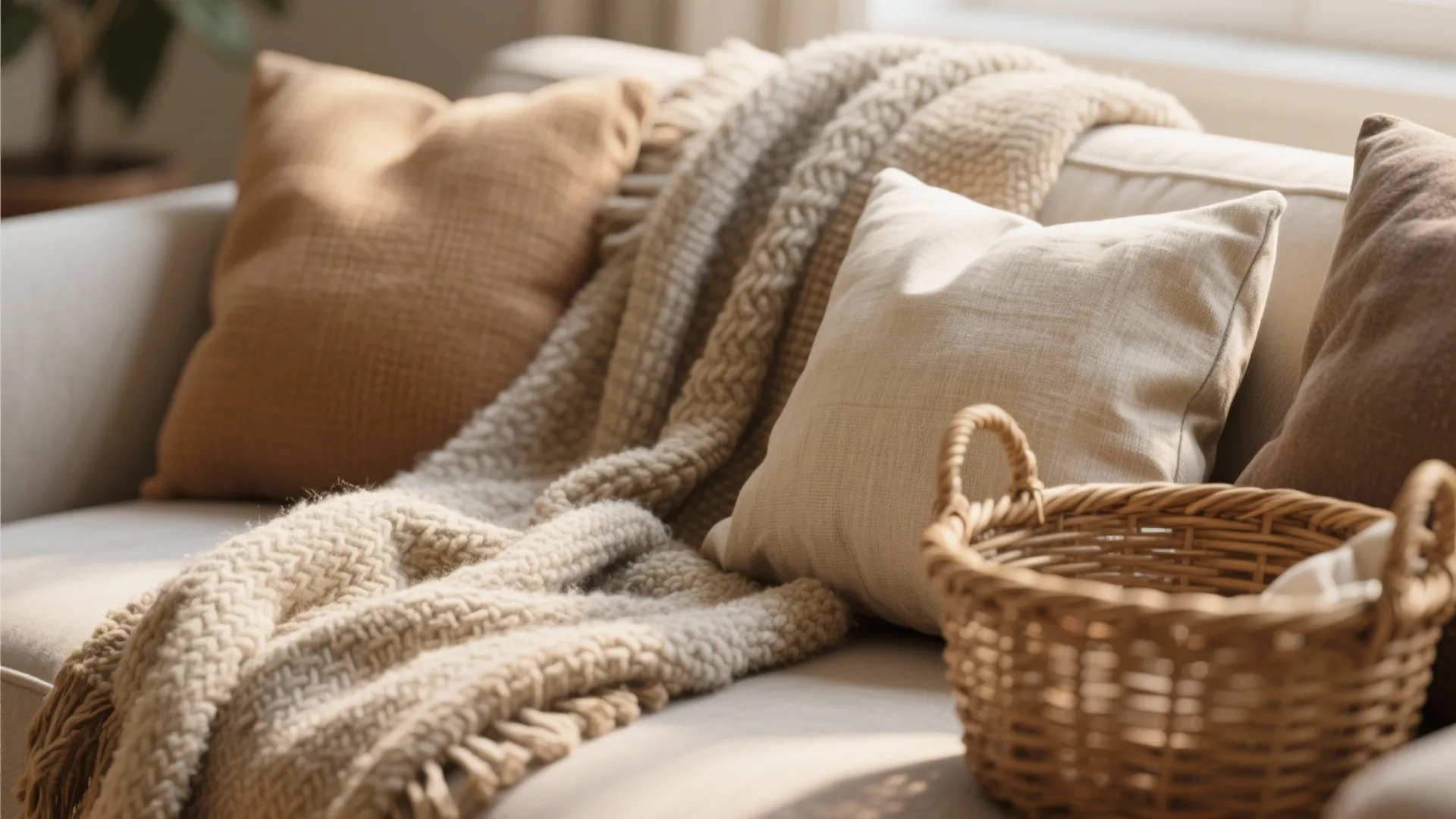 Soft pillows and knitted blanket on a sofa next to a small brown woven basket