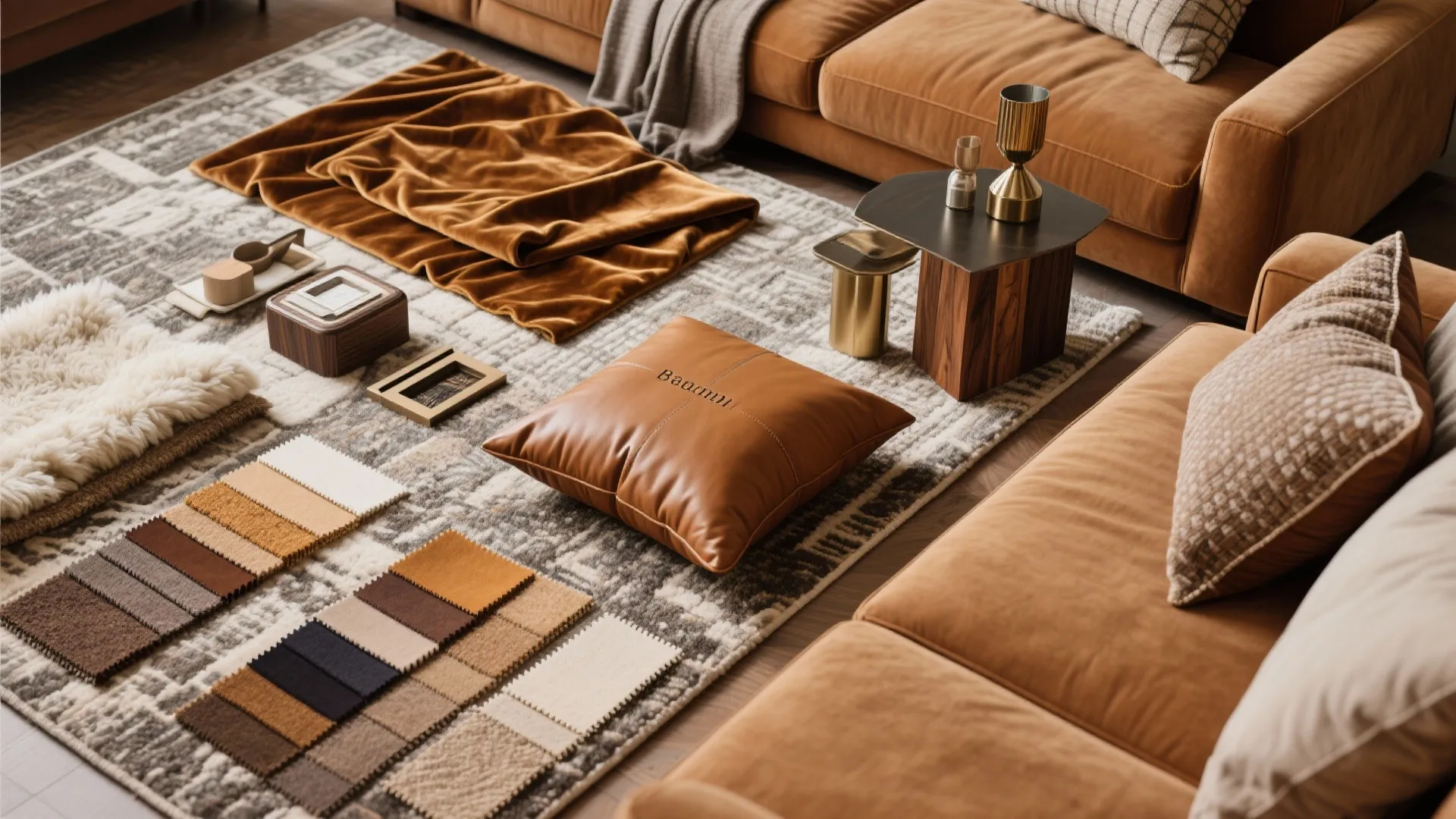 Interior design mood board on carpet with fabric samples leather pillow brown sofa and table