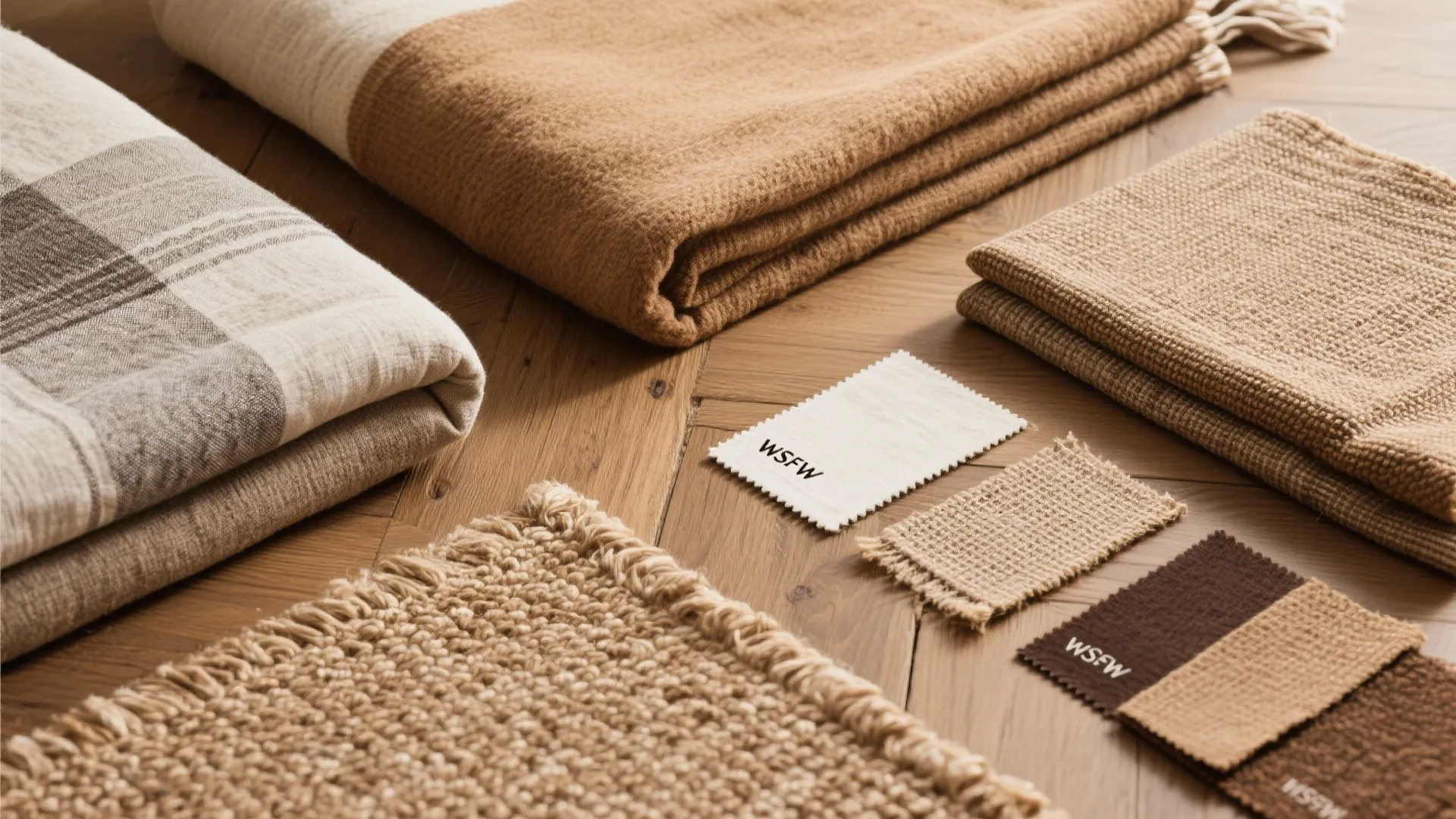 Various natural fabric samples and folded blankets in earth tones arranged on a wooden floor