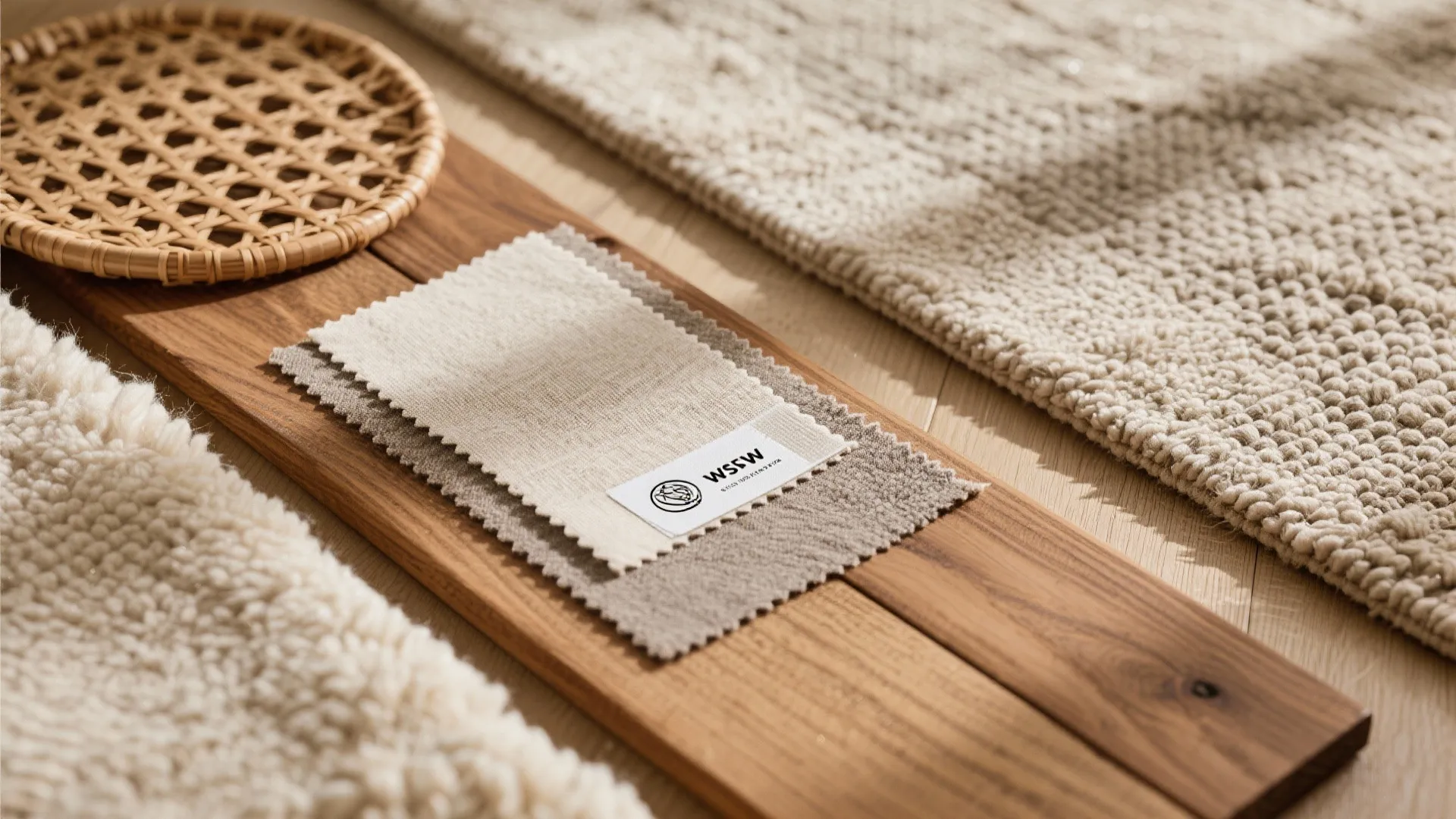 Neutral fabric samples on a wooden board with a woven basket and soft textured rug