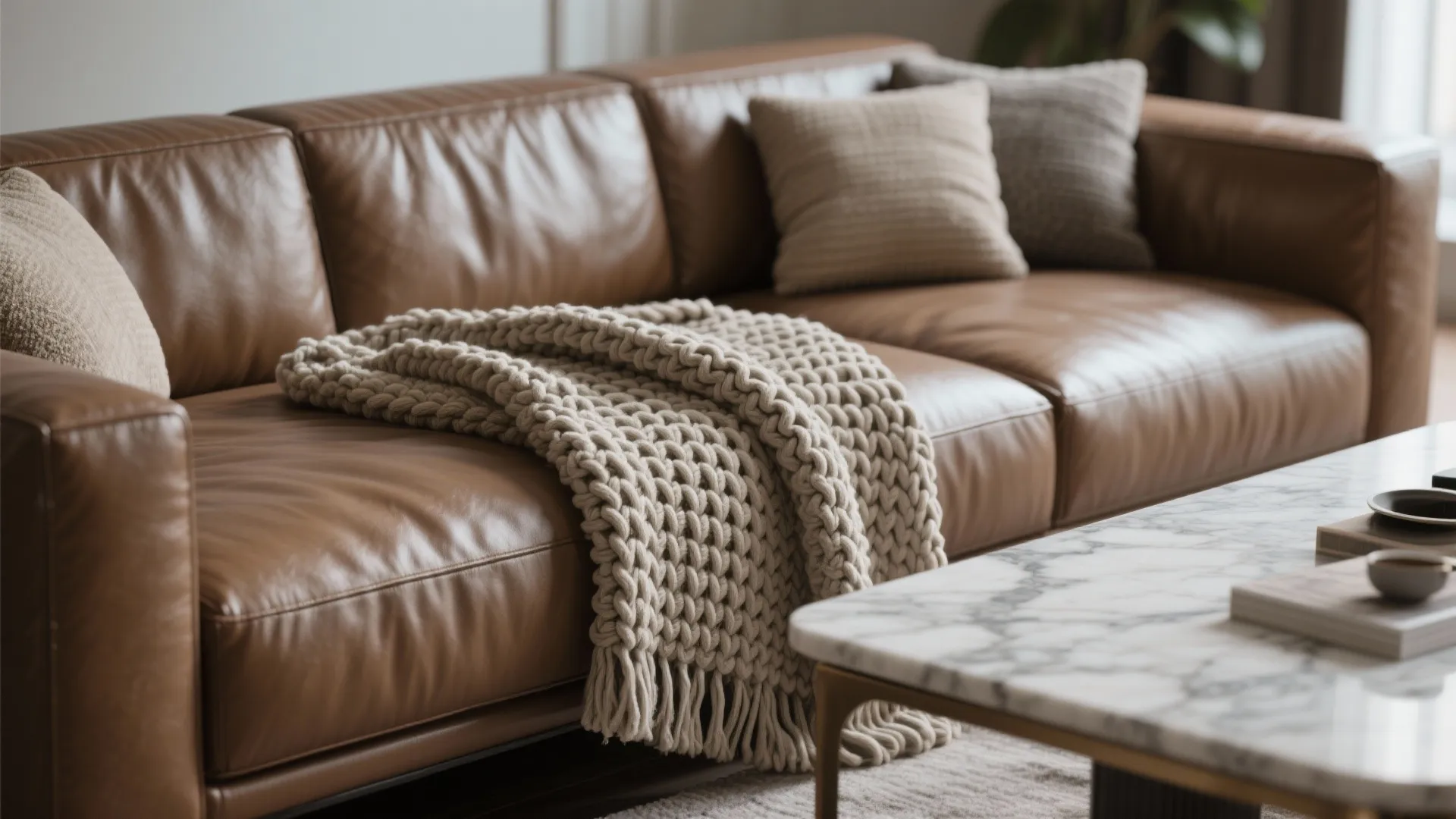 Brown leather sofa with a chunky knit blanket, soft pillows, and a marble coffee table