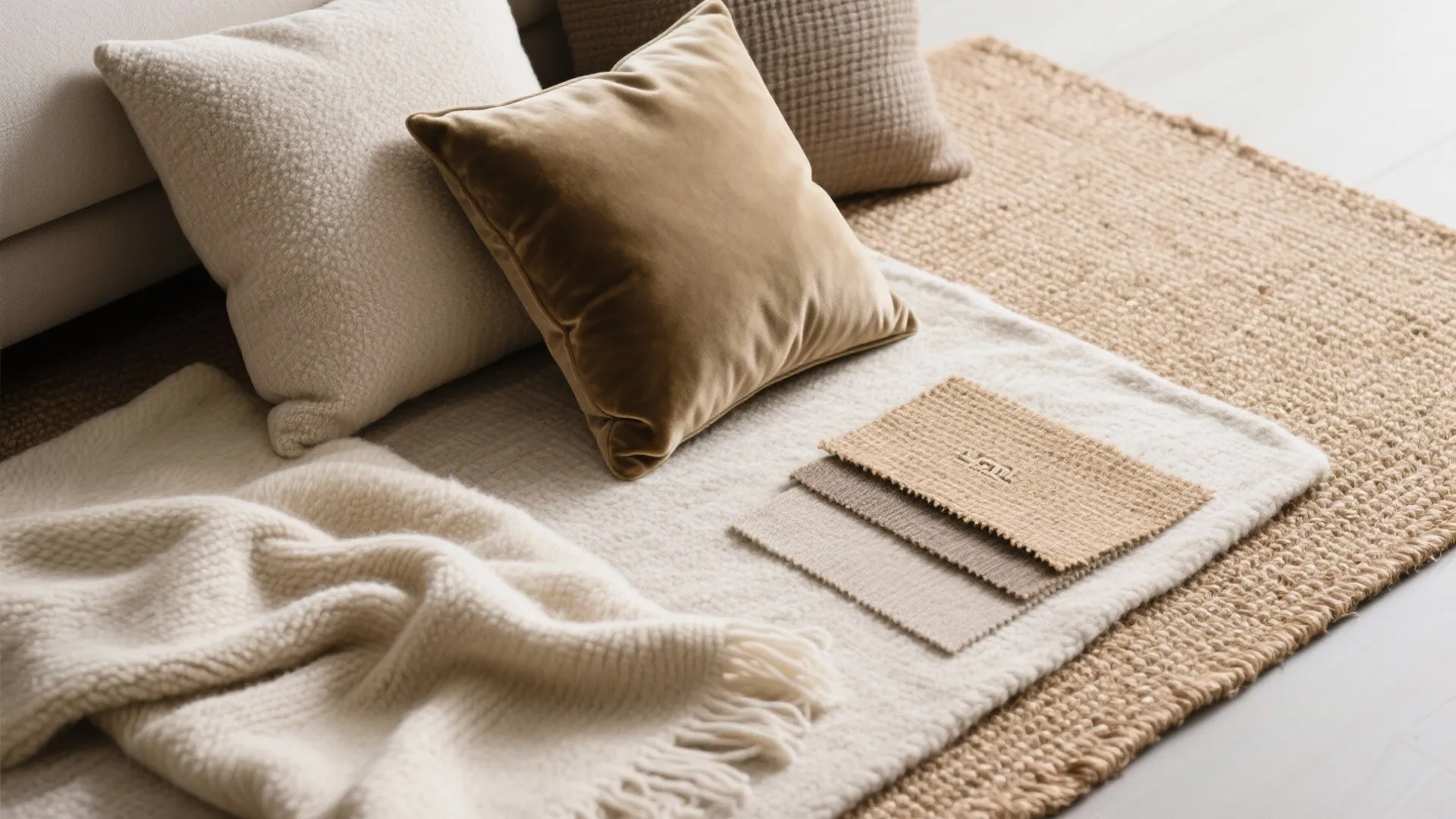 Close up of soft pillows white blanket and fabric samples on a woven jute rug