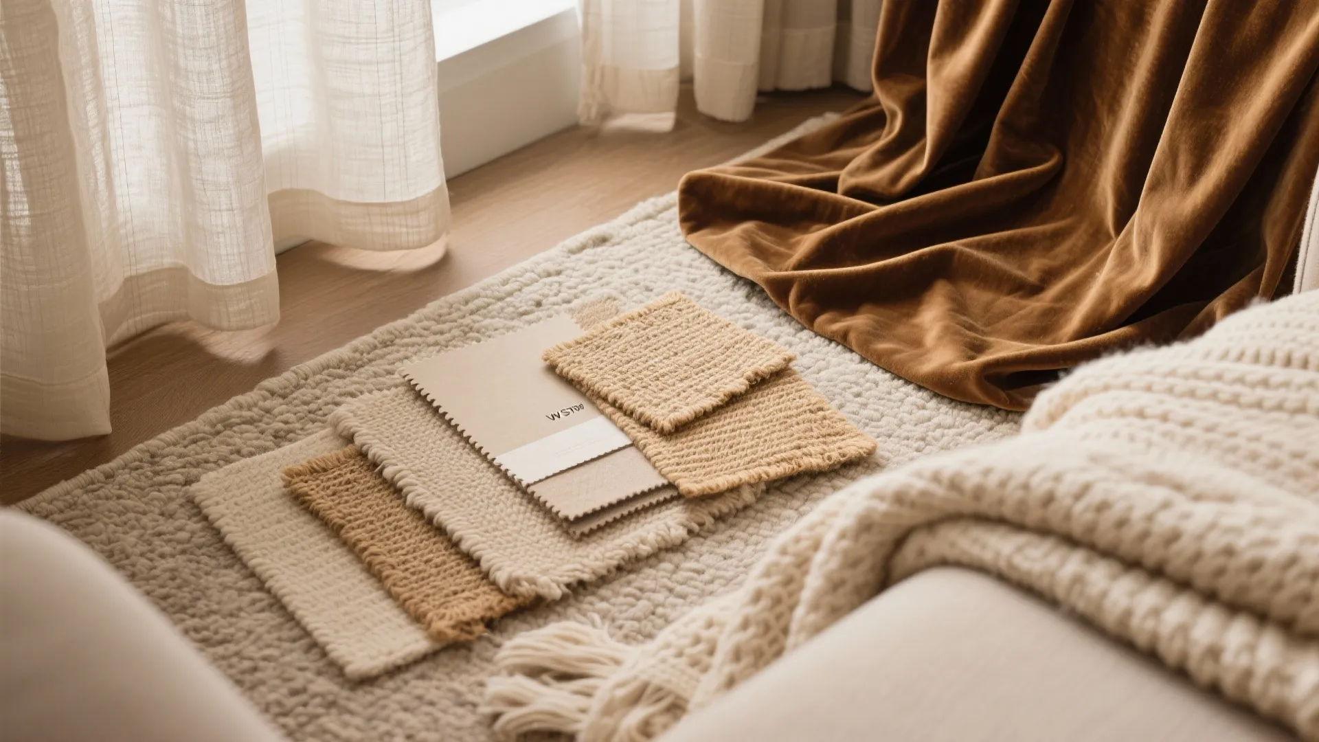 Close-up of fabric samples and textured rug with brown velvet curtain and white sheer curtains