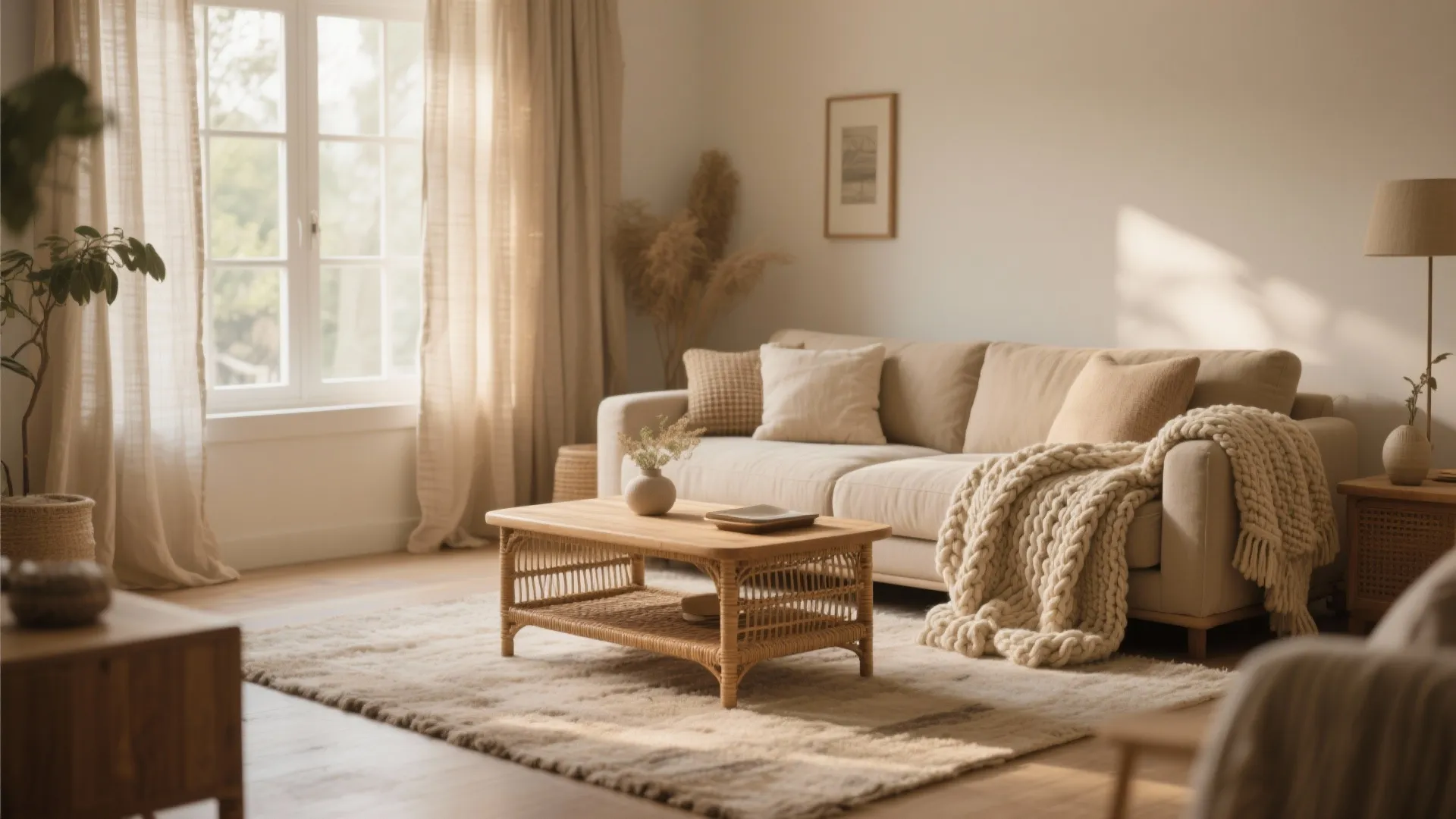 Cozy living room with beige sofa knitted blanket rattan coffee table and light brown window curtains