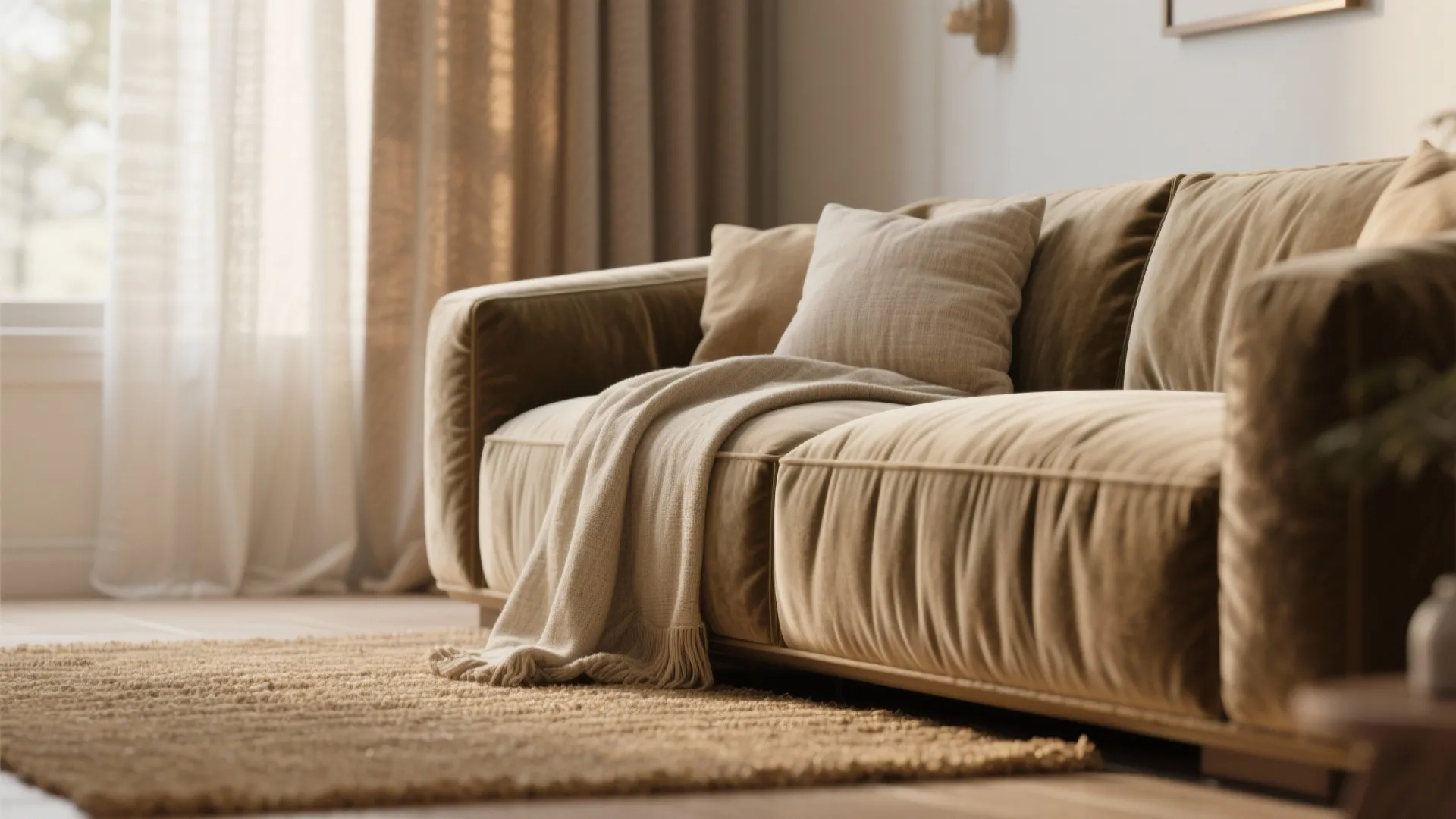 Close up of soft brown sofa with cushions blanket and textured rug in warm sunlight