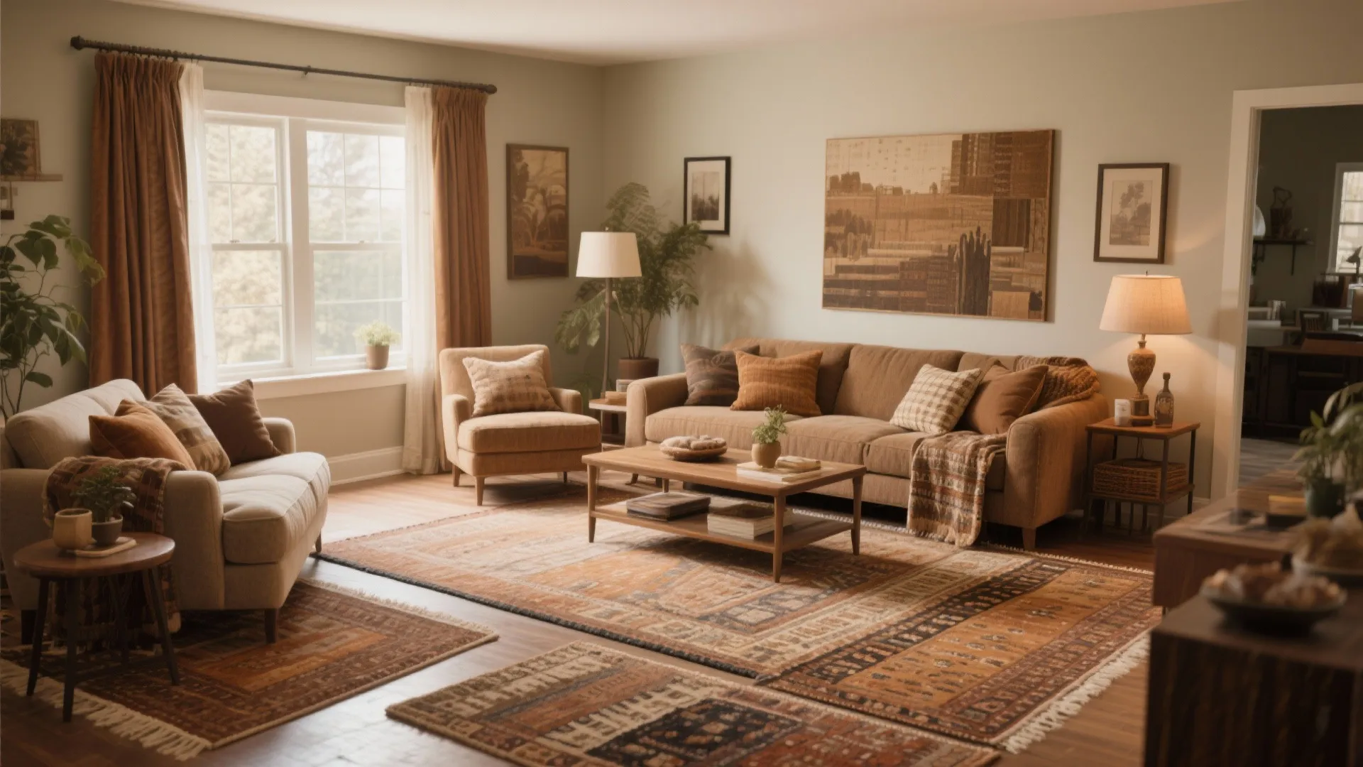 Warm living room with brown sofa patterned area rug wooden coffee table and light brown curtains