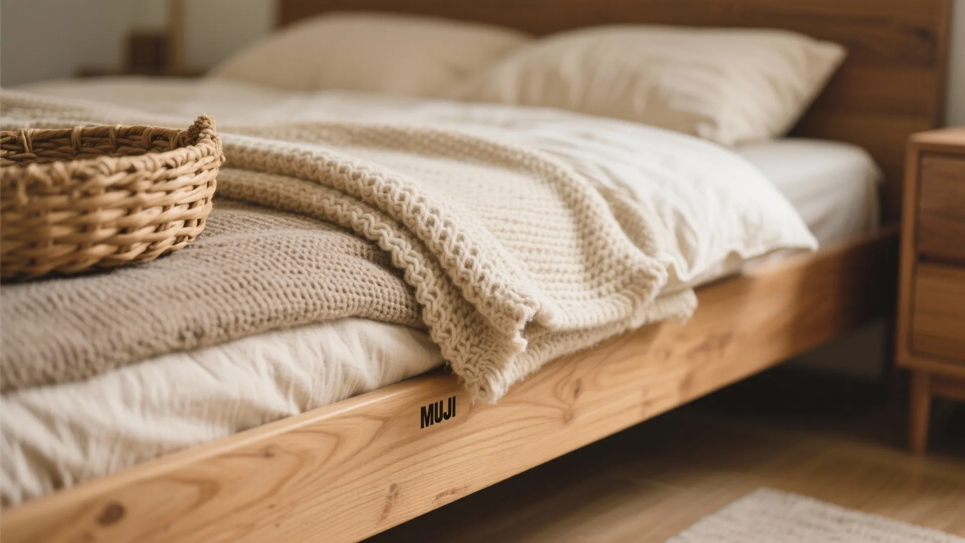 Close-up of oak wood, wool throw, and woven basket texture