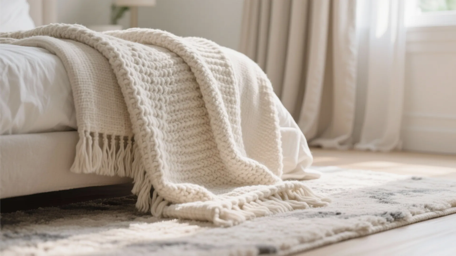 Close up of cream knitted blanket with fringe on bed with white linen and rug