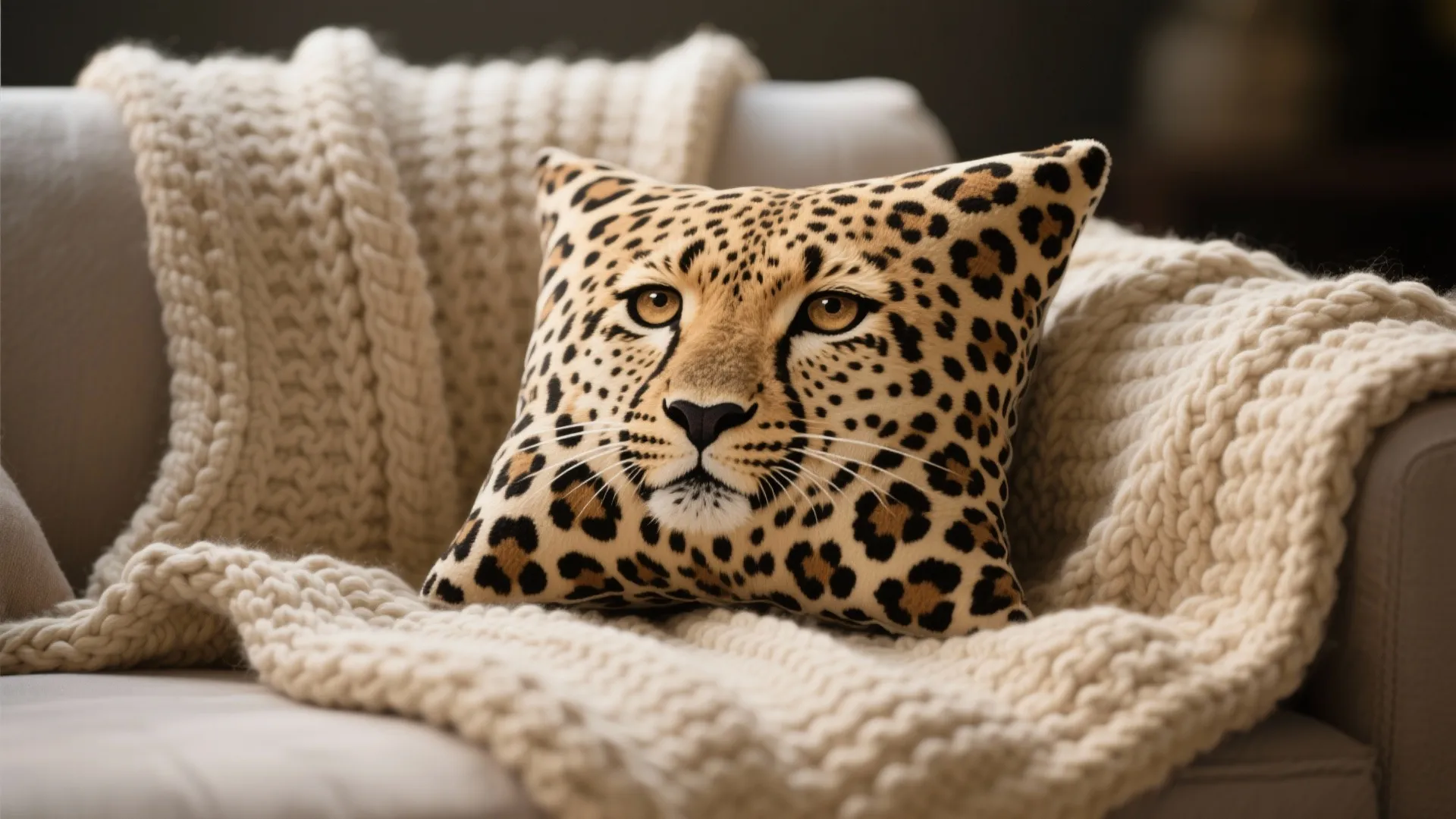 Soft leopard print pillow placed on a beige knitted blanket over a comfortable grey sofa