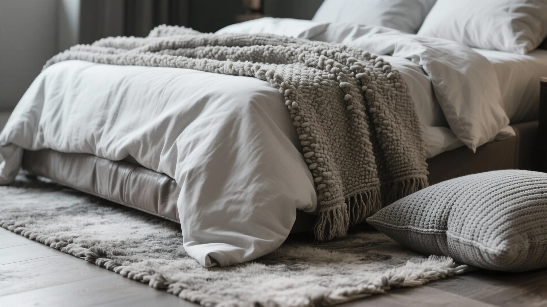 Close-up of bedroom bed with grey knitted blanket, soft white sheets, and textured floor rug