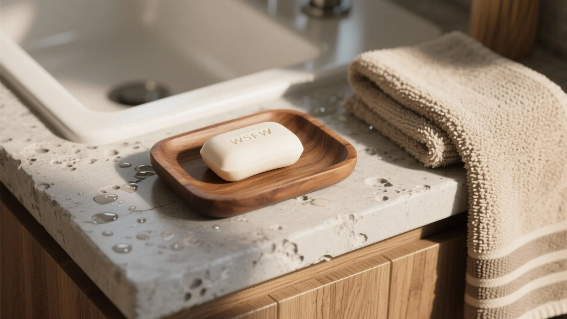 Soap bar on a wooden tray placed on stone counter with water drops and towel