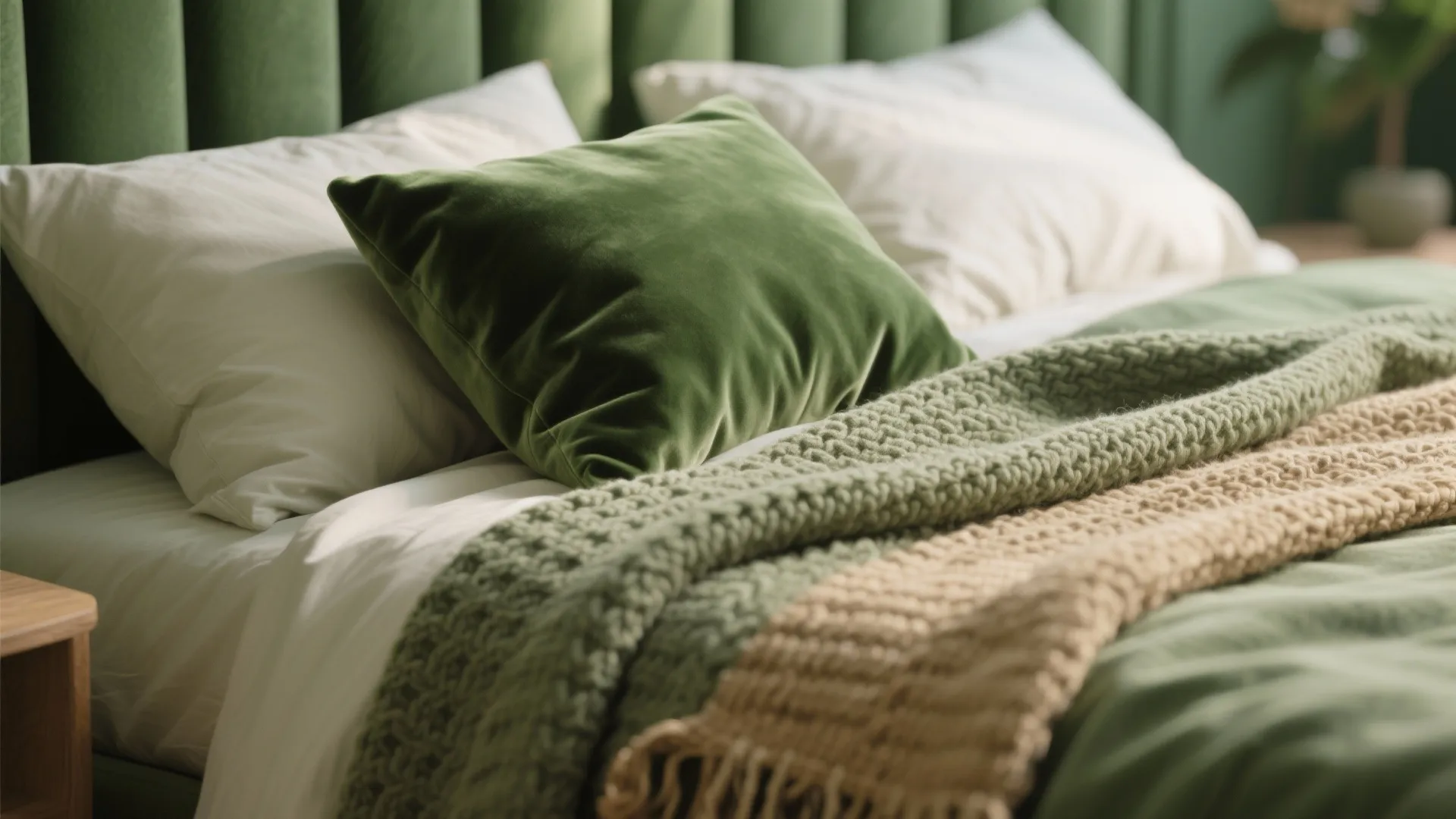 Close up of green velvet pillow on bed with white sheets and a knitted blanket