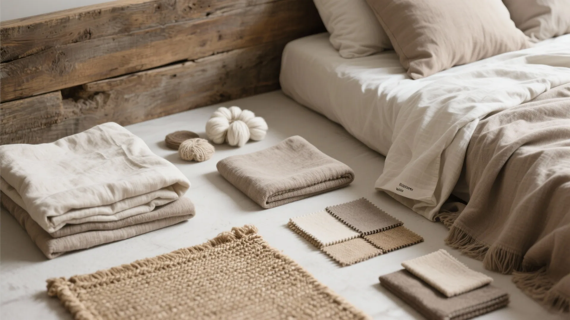 Neutral fabric samples and textured rugs laid out on floor near a cozy white bed setup