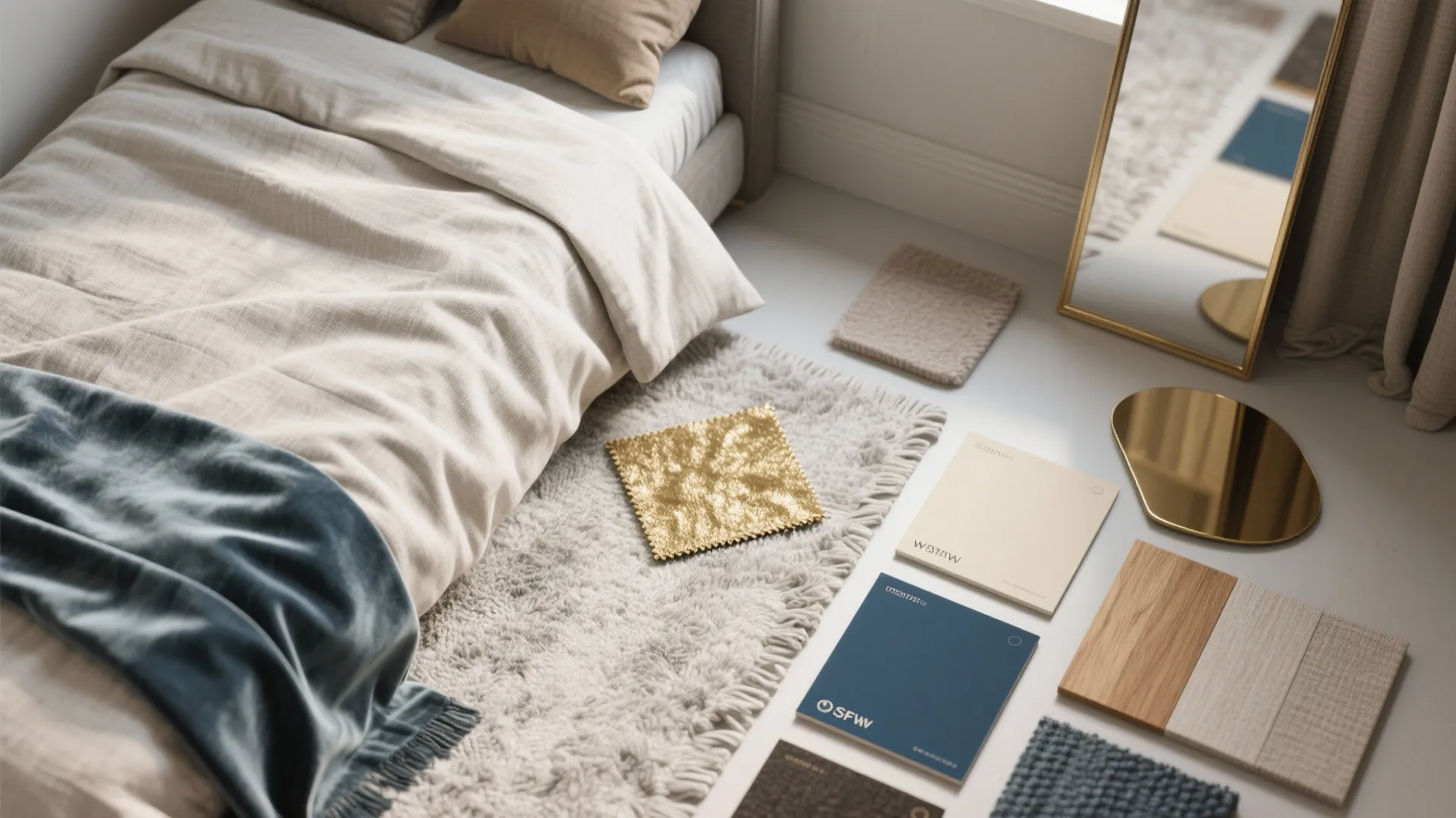 Bedroom floor with various material samples including wood fabric gold metal and a white rug