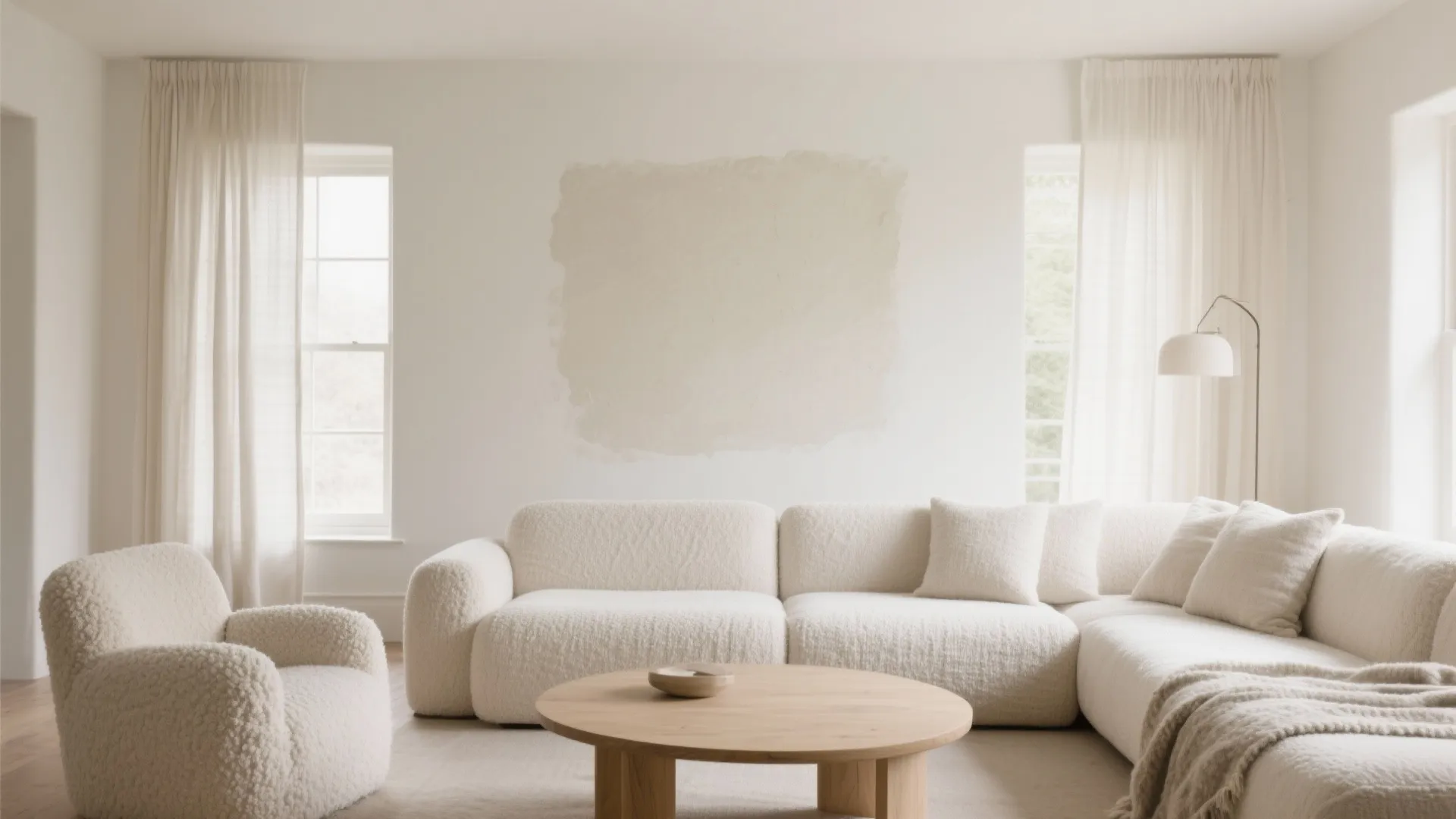 Minimalist living room with white sofa and armchair plus round wooden coffee table and curtains