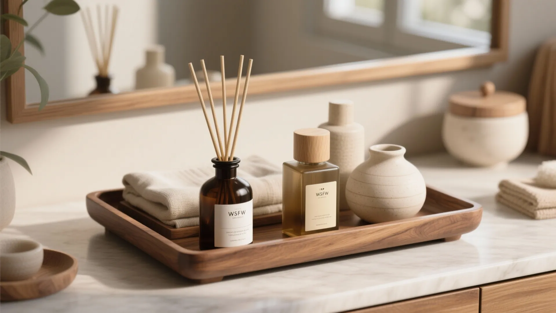 Layered vanity vignette with a low tray, mid bottle, and taller reed diffuser showing varied heights and textures.