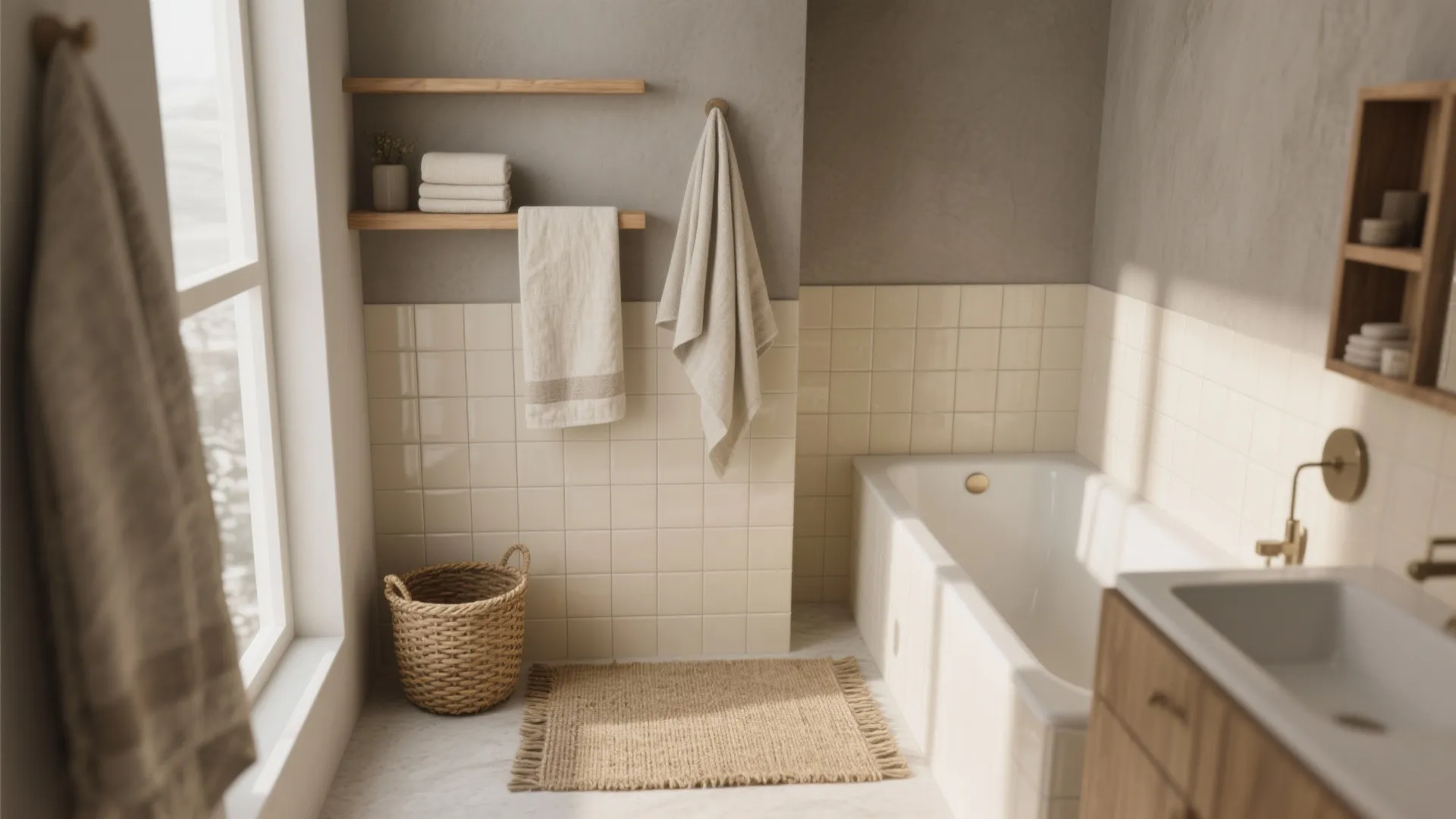 Neutral bathroom interior with white bathtub wooden shelves cream wall tiles wicker basket and woven rug