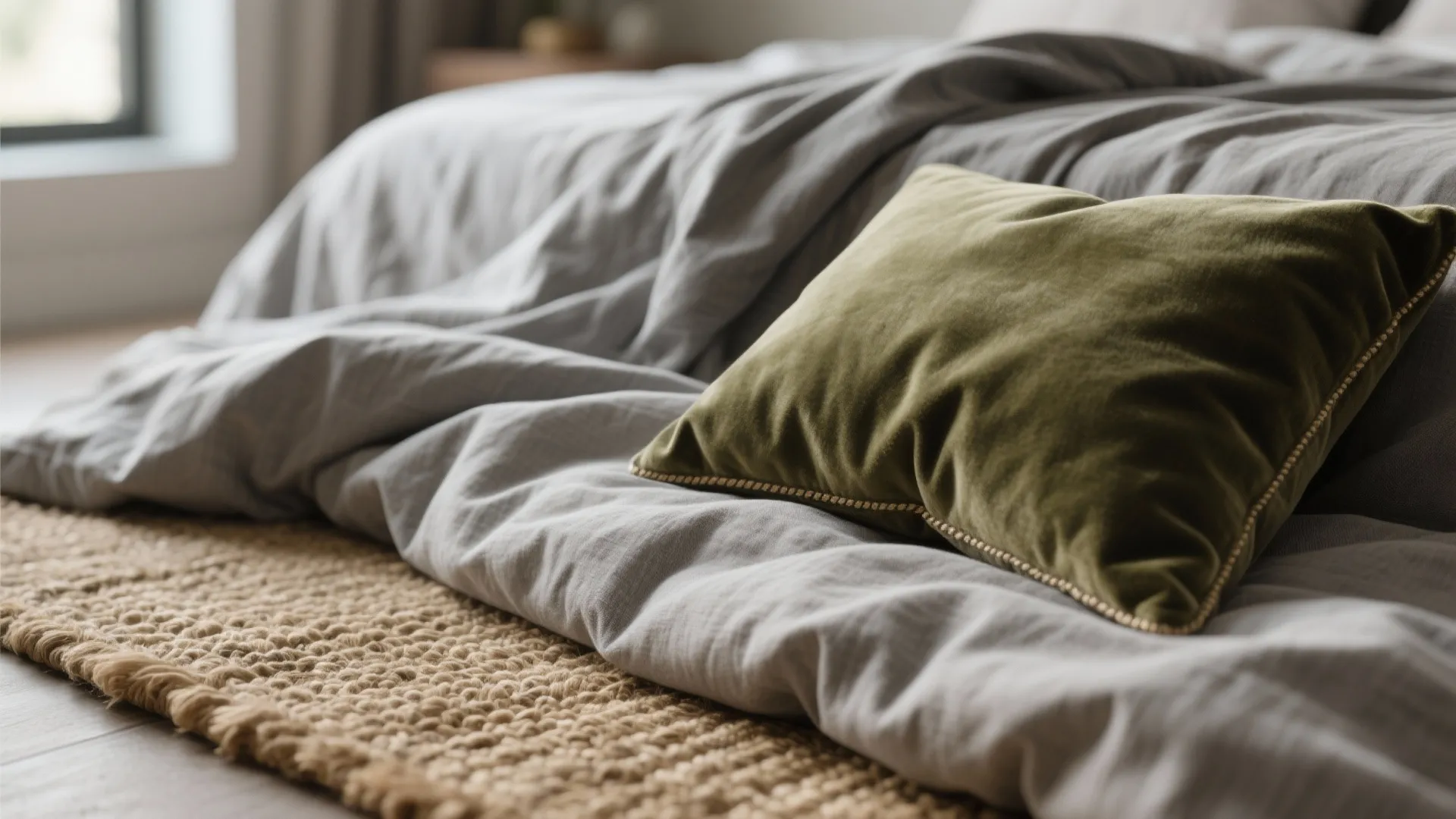 Close up of a green velvet pillow on grey bedding over a woven rug floor
