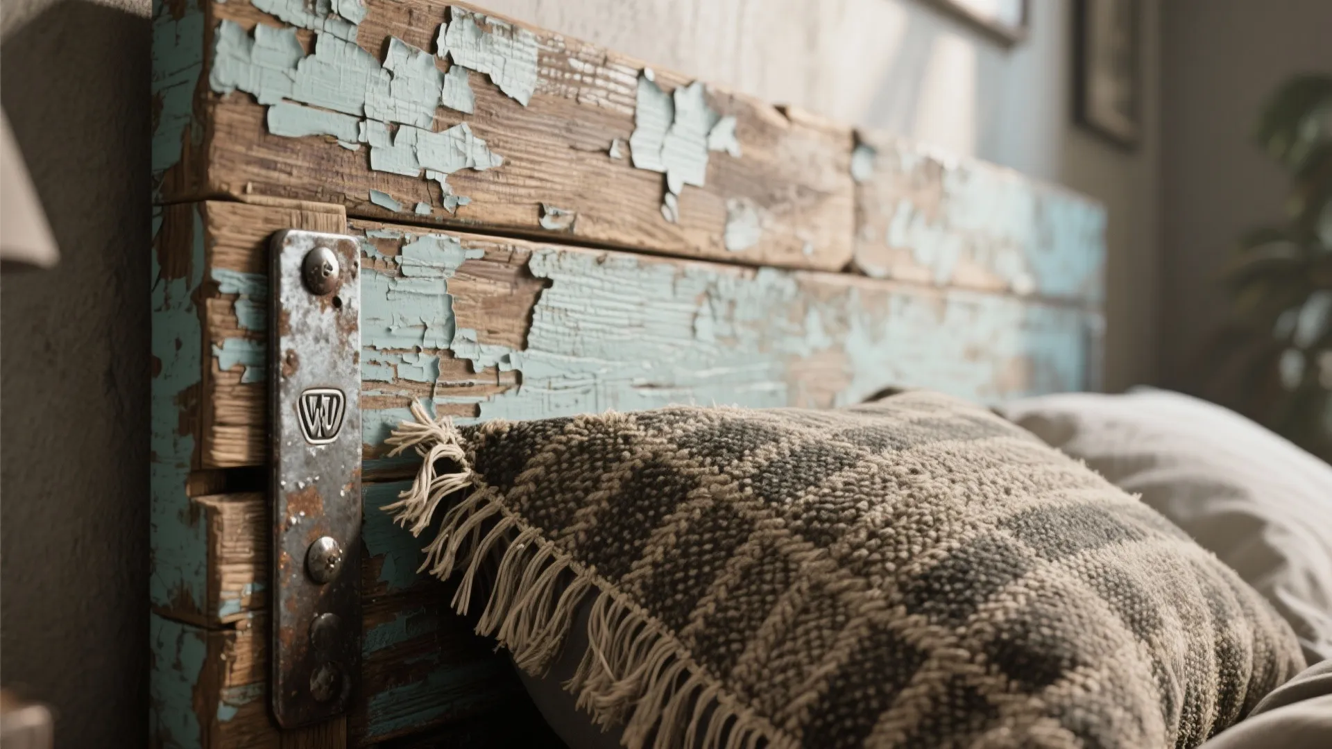 Close up of weathered wood bed headboard with blue peeling paint and a textured pillow