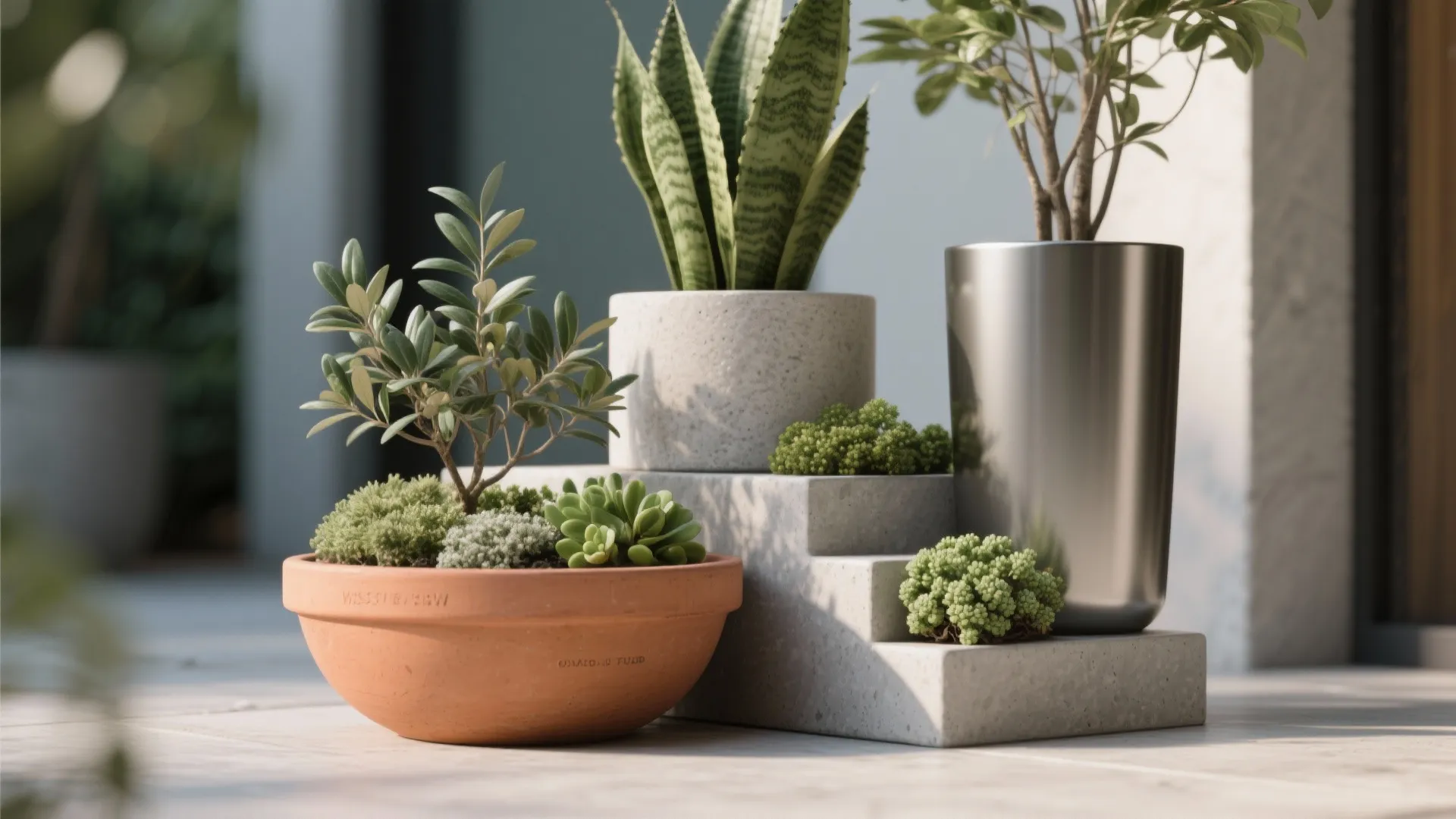 Potted plants including succulents and snake plant displayed on modern concrete steps in bright sunlight