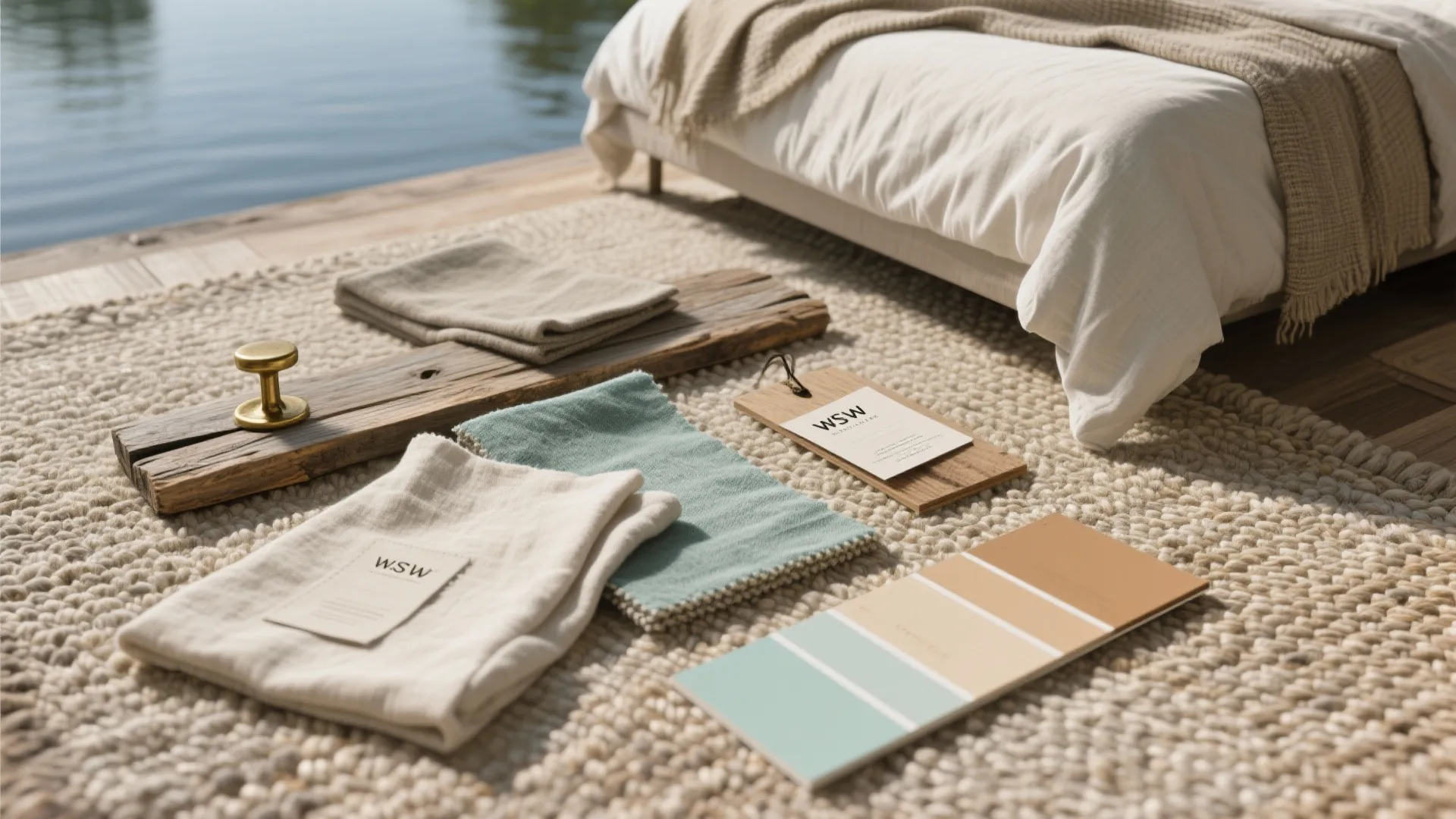 Interior design mood board on a textured rug showing fabric swatches color palette and wood
