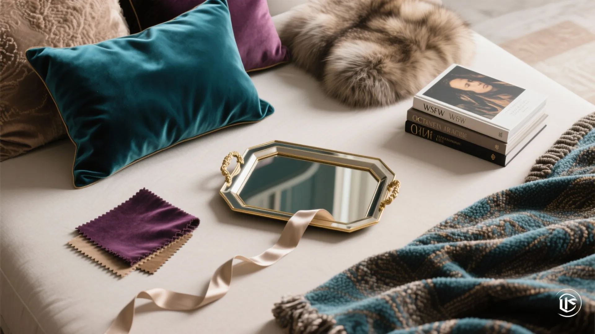 Close up of teal pillows and fabric samples next to a gold tray and stacked books