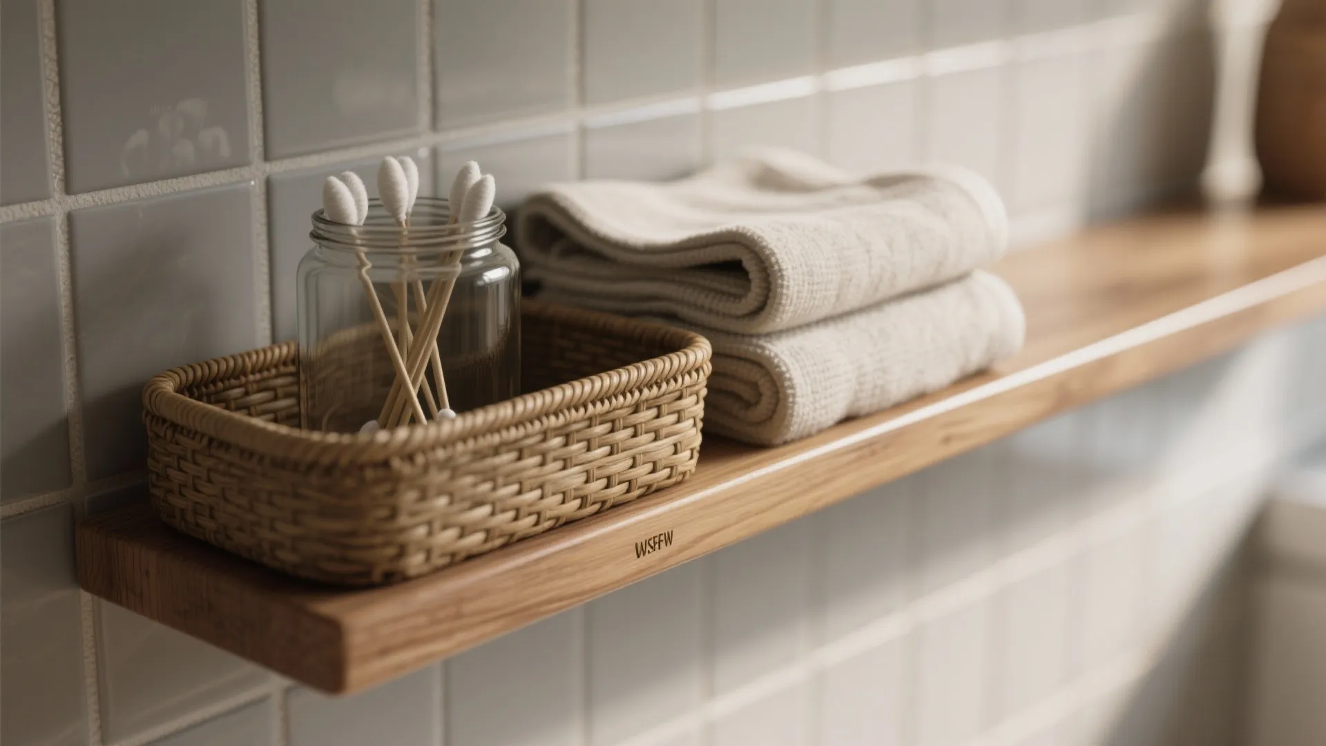 Close-up of a sealed wood shelf with woven basket, glass jar of cotton buds and folded towel highlighting texture contrast.
