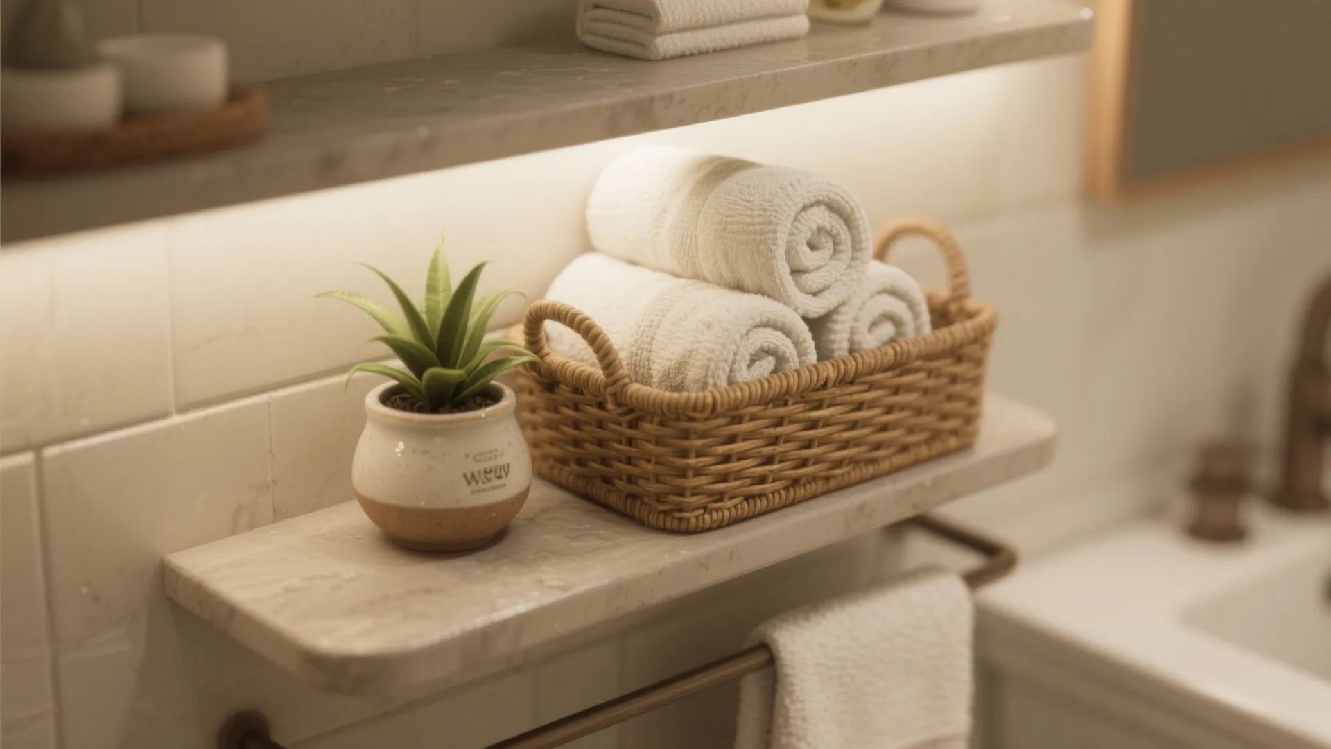 Marble bathroom shelf with rolled white towels in basket plus small plant and warm light