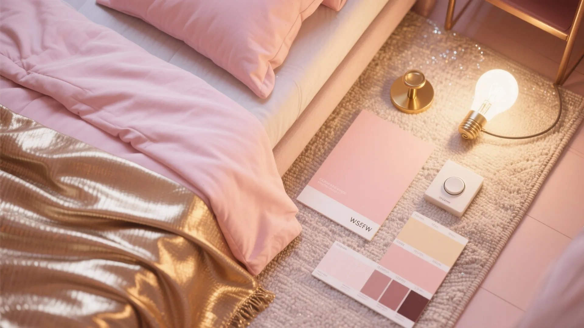 Pink bedding and gold blanket next to paint color swatches and a glowing light bulb