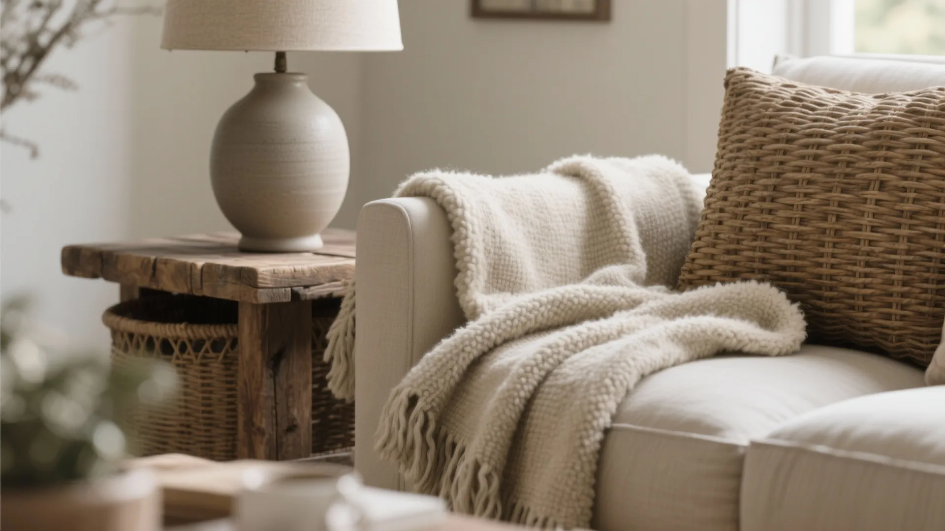 Cozy cream sofa with woven pillow white wool blanket and table lamp on wood table