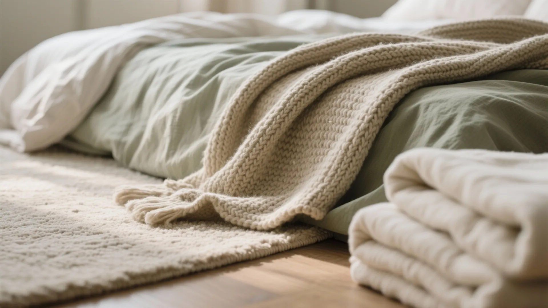 Soft beige knitted blanket on green bed sheets next to white towels and a rug