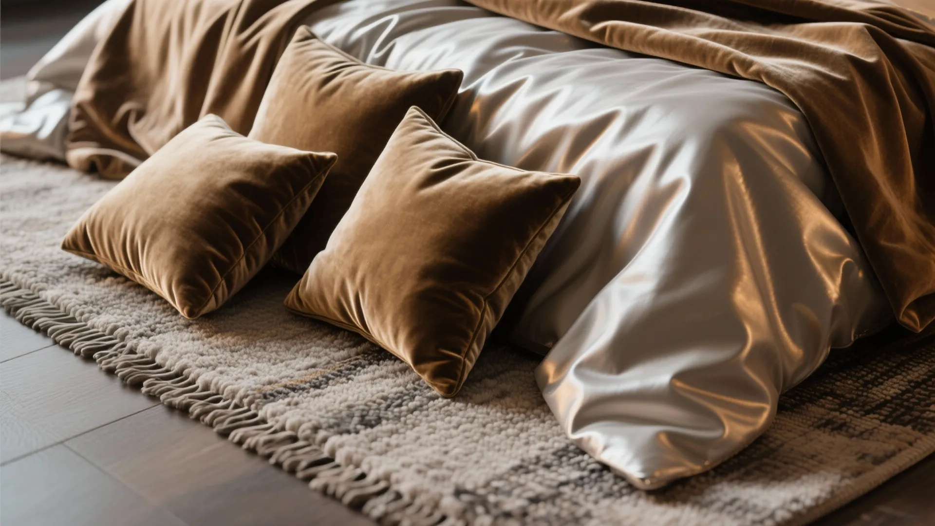 Macro view of velvet cushions, woven rug and satin duvet showing subtle sheen and layered textures.