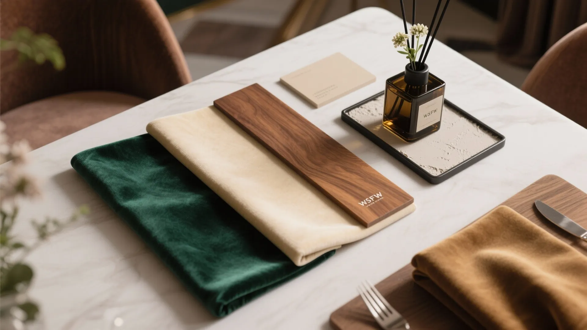 Material flatlay showing velvet upholstery, warm oak, matte plaster, plants and a scent diffuser for a London mood.