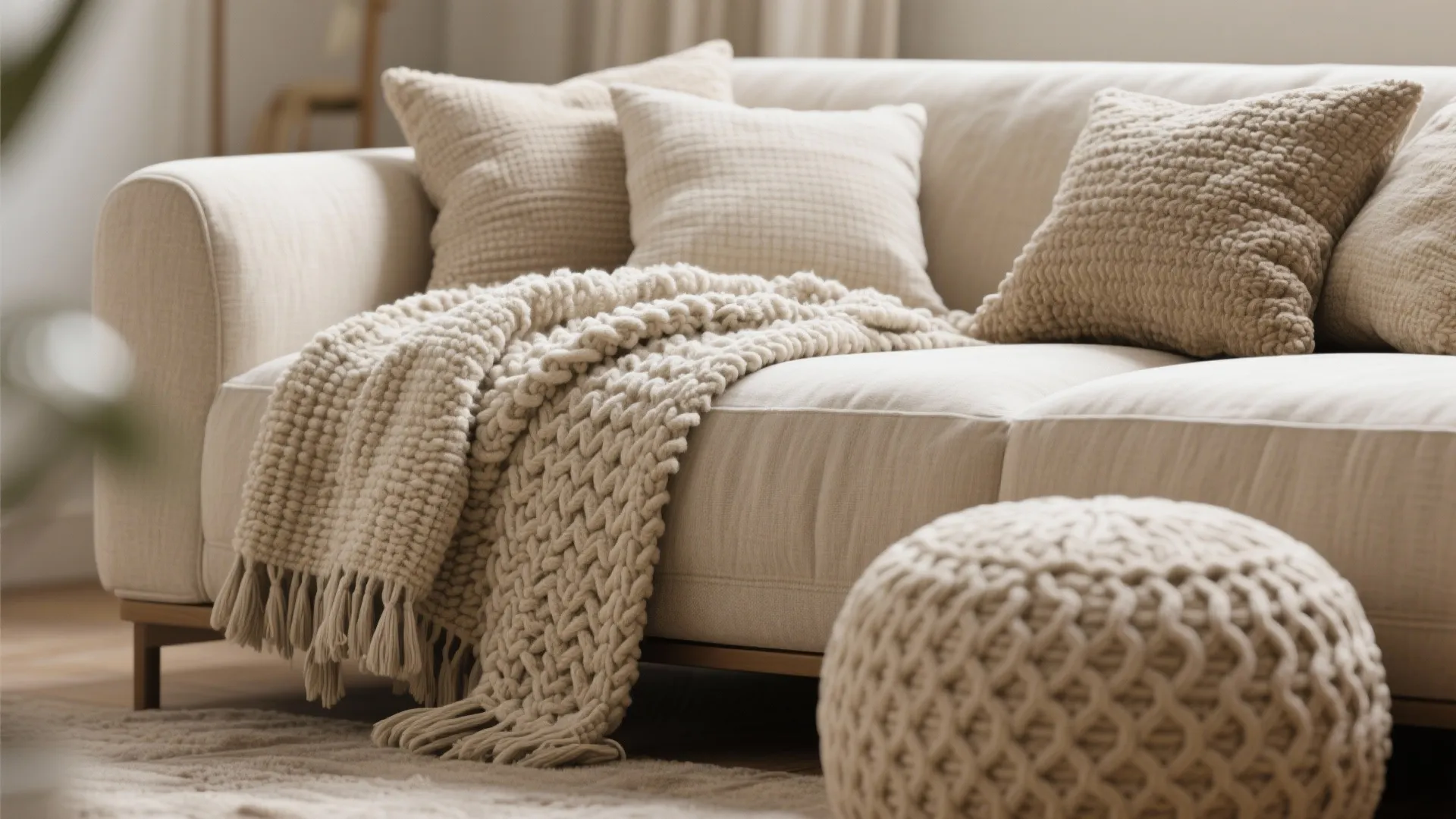 Cozy cream sofa with textured pillows a knitted blanket and a matching round woven footrest