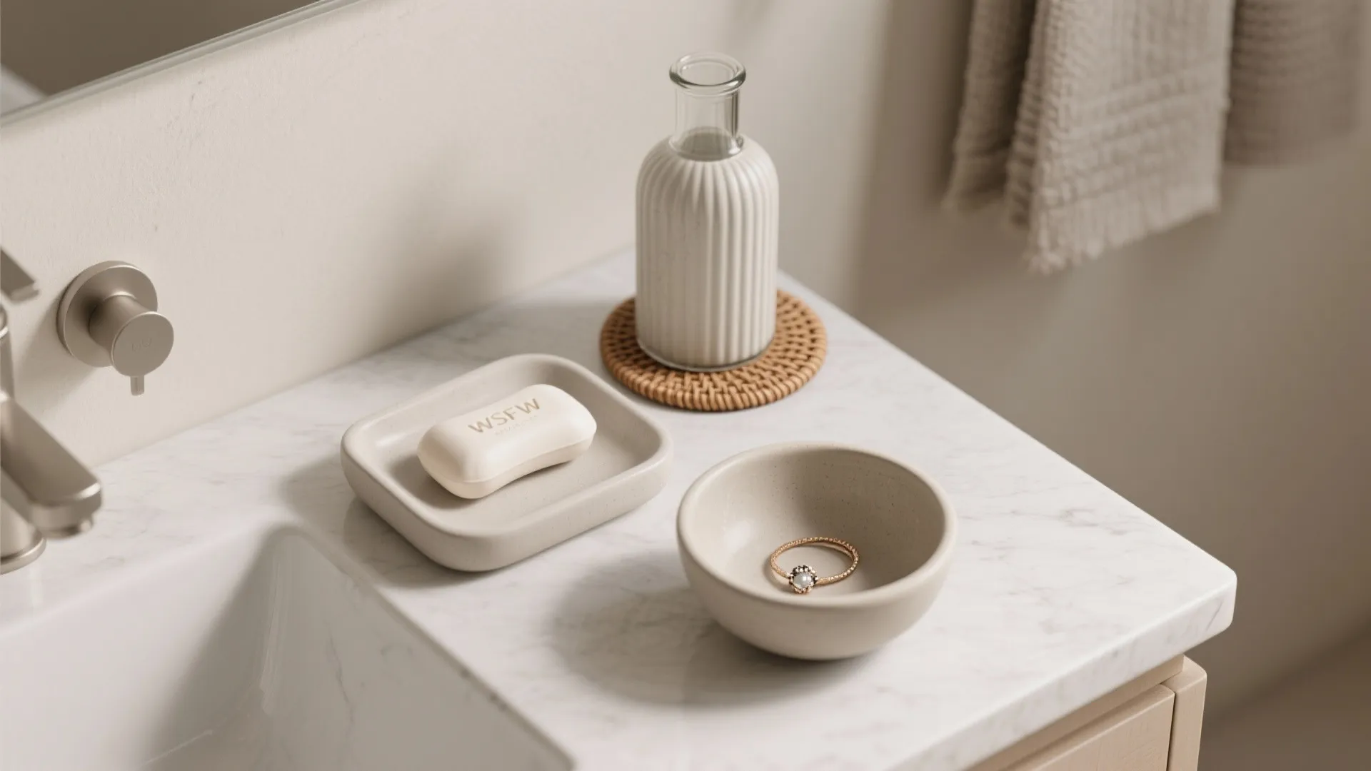 3. Layered Textures with Small Bowls and Bottles