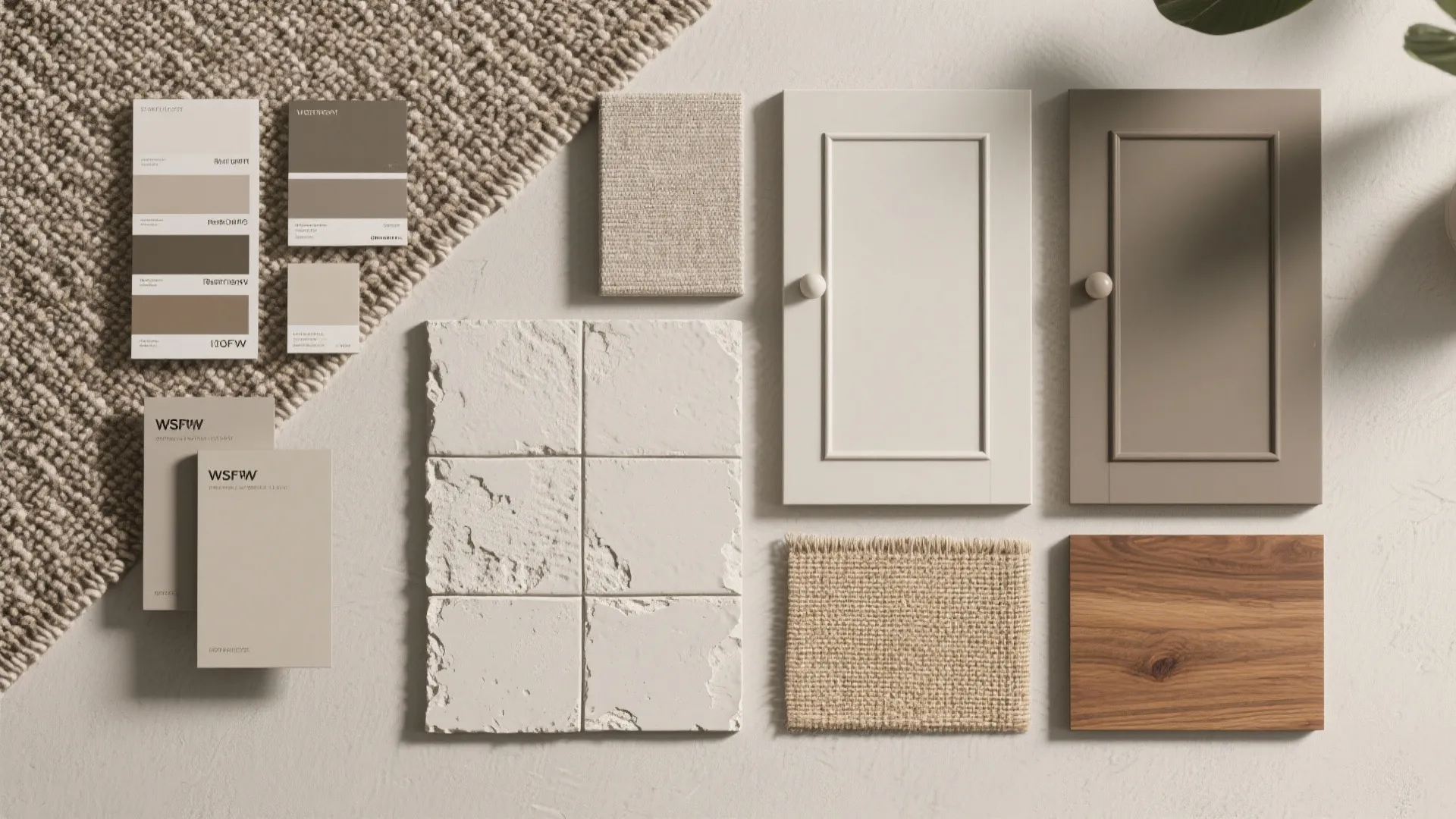 Top-down flatlay of matte paint swatches, woven rug, ceramic tile and wood samples showing layered textures.