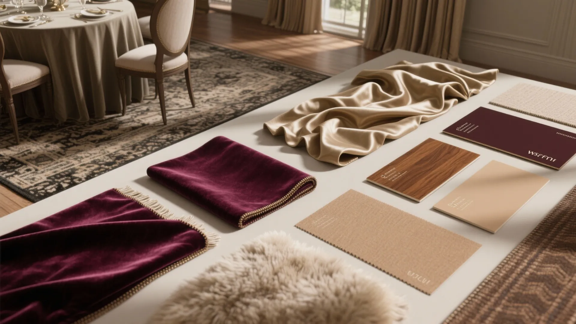 Table displaying various fabric samples wood tiles and interior design materials for a home decoration project