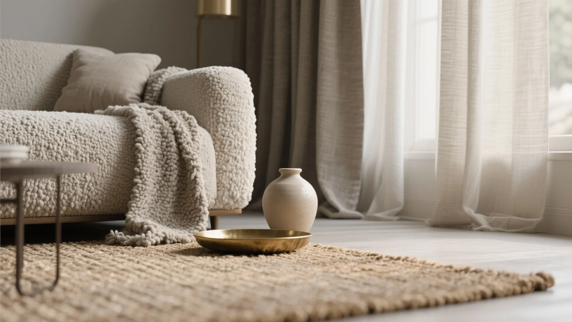Close-up of boucle sofa, jute rug and linen curtain showing layered neutral textures.
