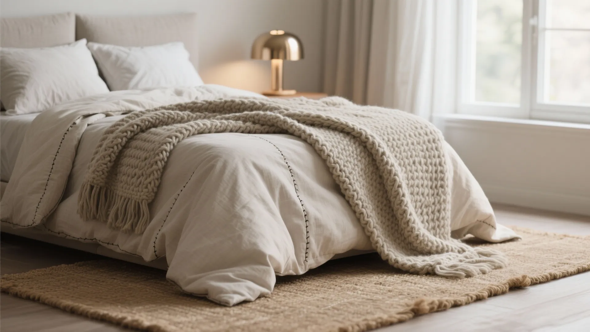 Cozy minimalist bedroom with textured white bedding thick knit throw blanket and warm bedside light